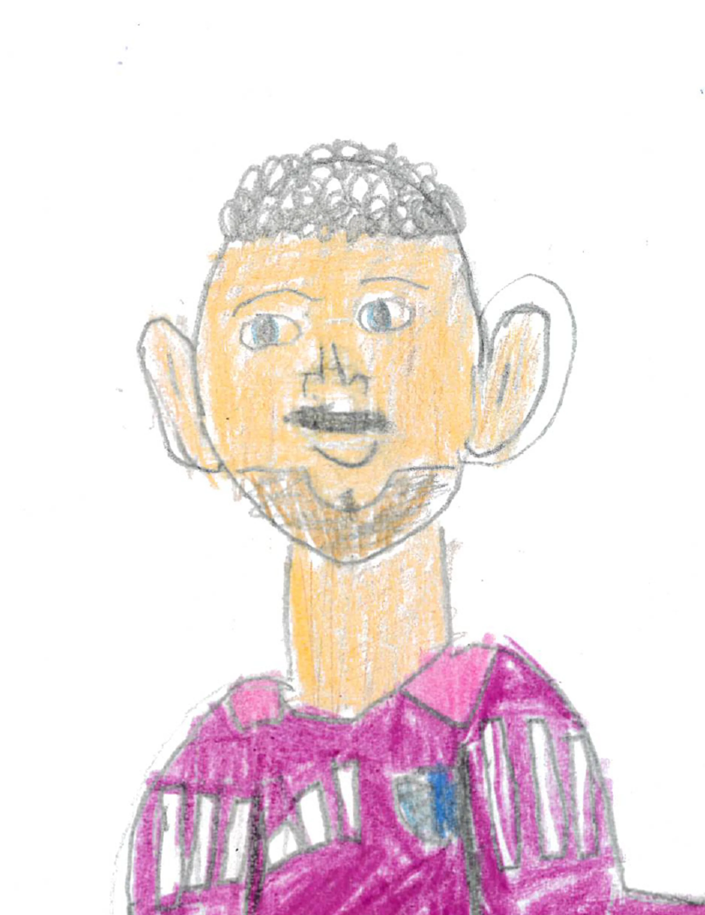 Child's drawing of a person with orange skin, curly hair, large ears, and wearing a pink shirt.