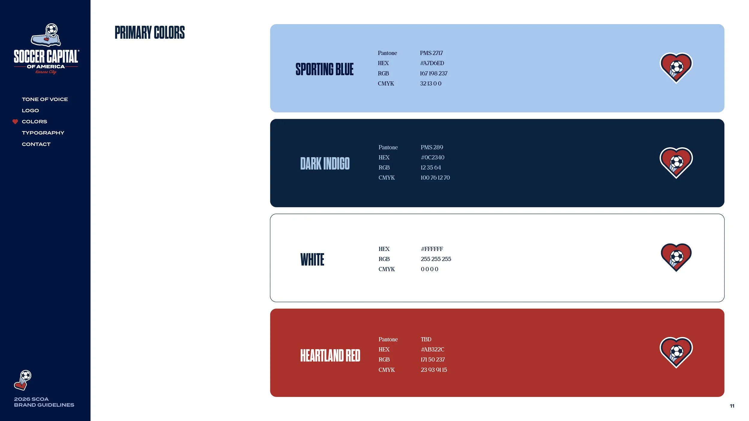 Color palette chart for Soccer Capital of America branding, showing primary colors: sporting blue, dark indigo, white, and heartland red, each with color codes for Pantone, HEX, RGB, and CMYK.