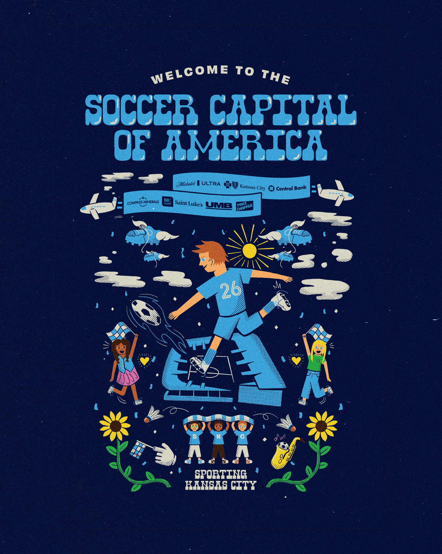 Illustration of a soccer player in blue uniform kicking a ball through a cityscape with children, sun, and airplanes, with text reading "Welcome to the Soccer Capital of America" and "Sporting Kansas City".