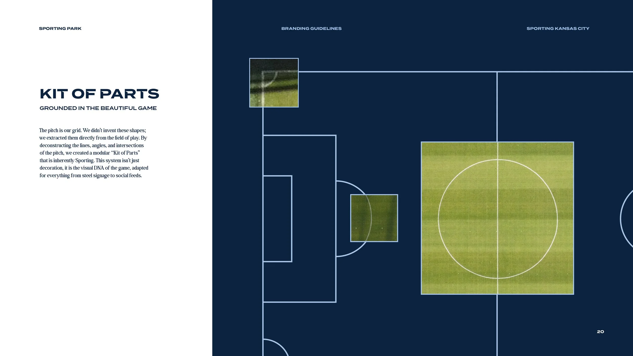 Page layout with left side containing text and right side showing a schematic of a soccer field with three overlayed photographs of portions of a soccer pitch.
