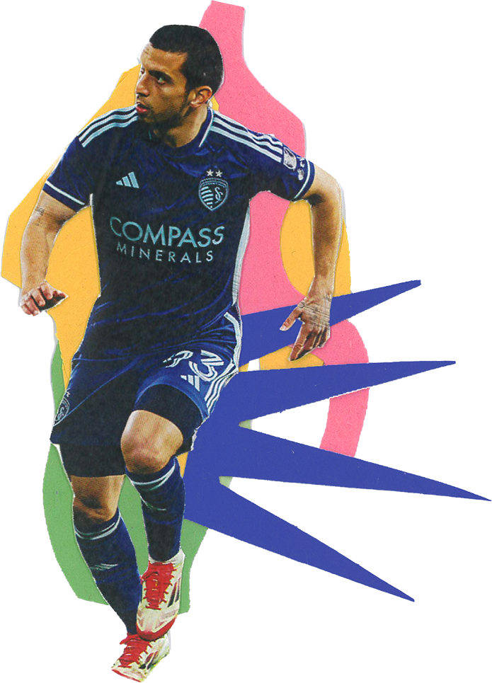 A male soccer player in a blue uniform with red cleats running forward, with colorful abstract background design.