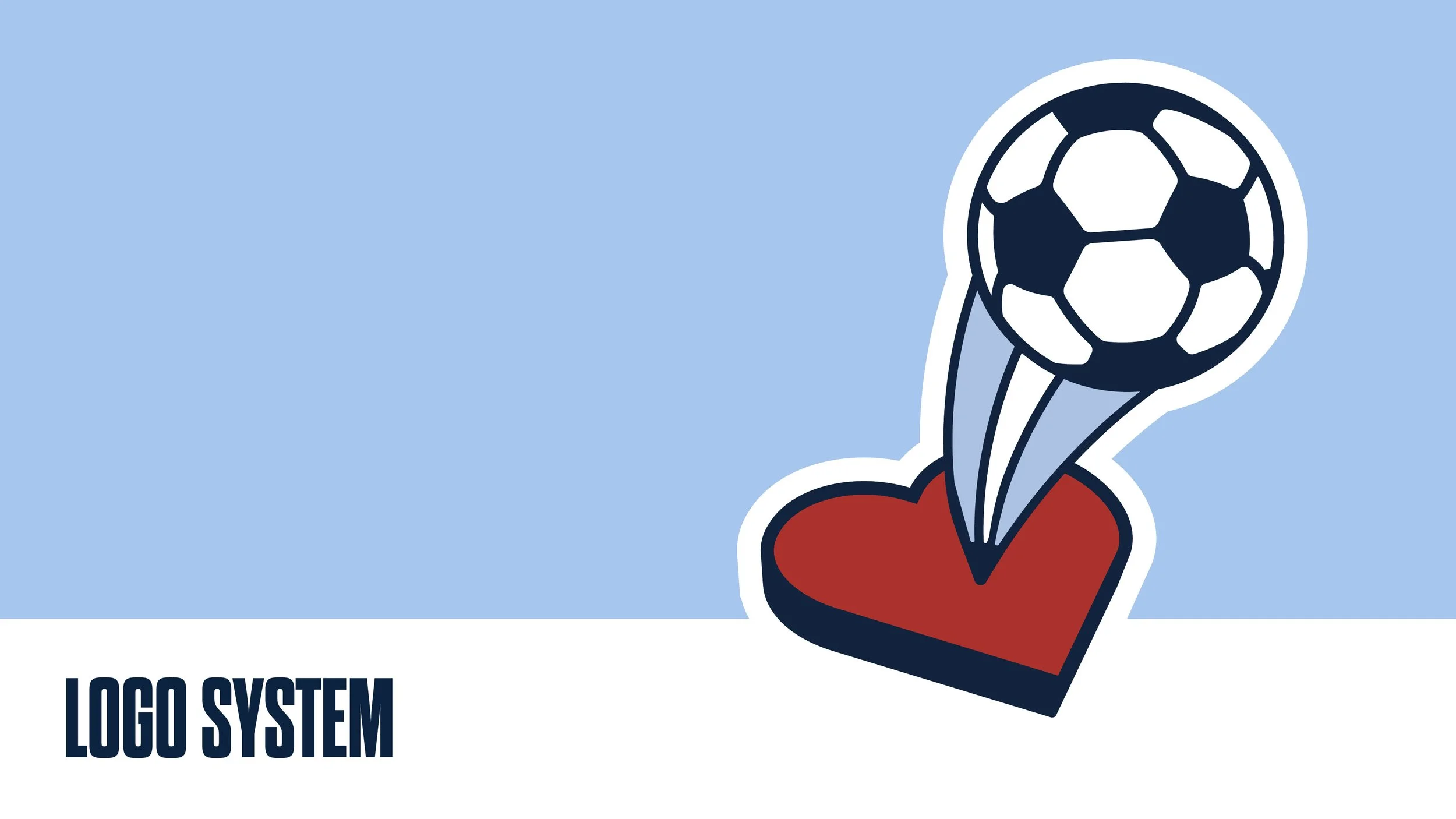 A graphic logo featuring a red heart with three blue lines shooting up, forming a soccer ball at the top right corner, and the text 'LOGO SYSTEM' written in bold dark blue letters at the bottom left.
