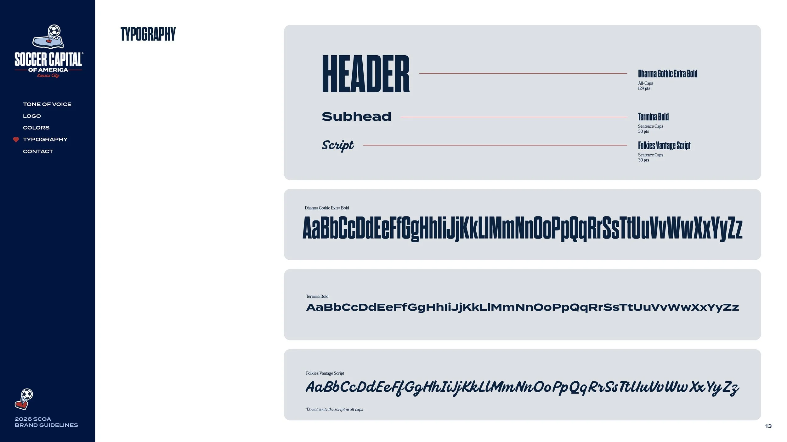 A branding guideline slide for Soccer Capital of America in Kansas City, with typography details. It includes font names like Dharma Gothic Extra Bold, Termina Bold, and Folkies Vantage Script, along with sample text and specifications for each font 