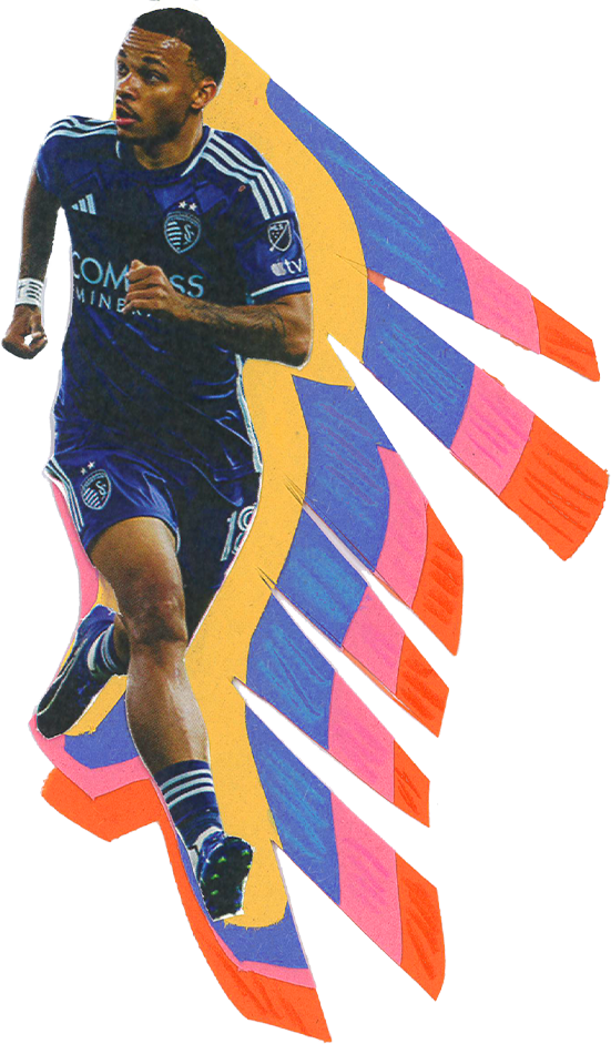 A soccer player in a blue uniform running with a colorful abstract background.