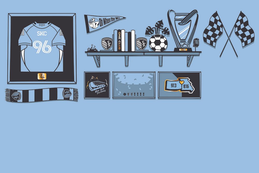 Decorated sports-themed wall with framed soccer jersey labeled '96' from SKC, soccer memorabilia including flags, a trophy, and soccer balls, along with team-related items like books and pictures.