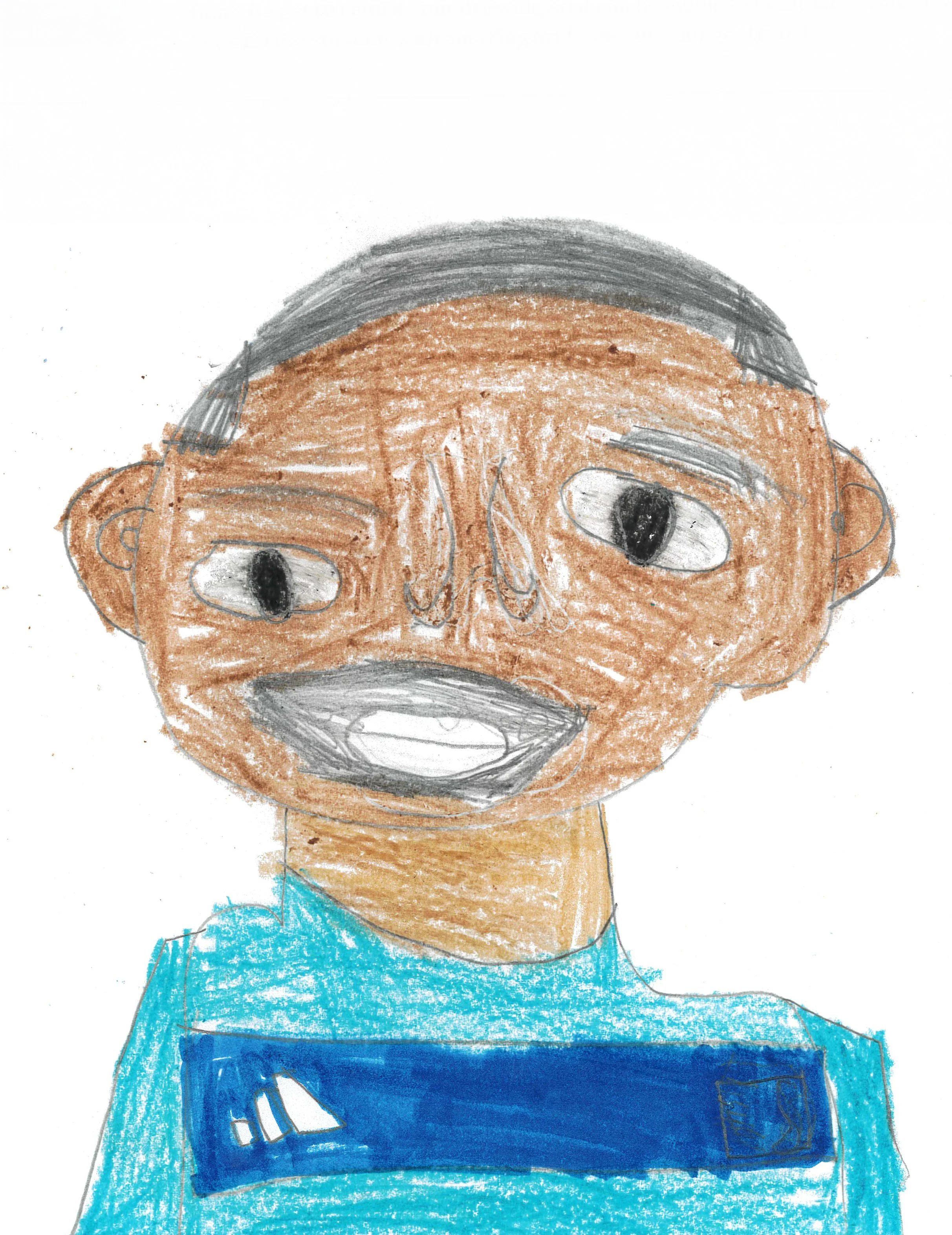 Child's drawing of a person with brown skin, short black hair, big ears, large eyes, and an open mouth, wearing a blue shirt.