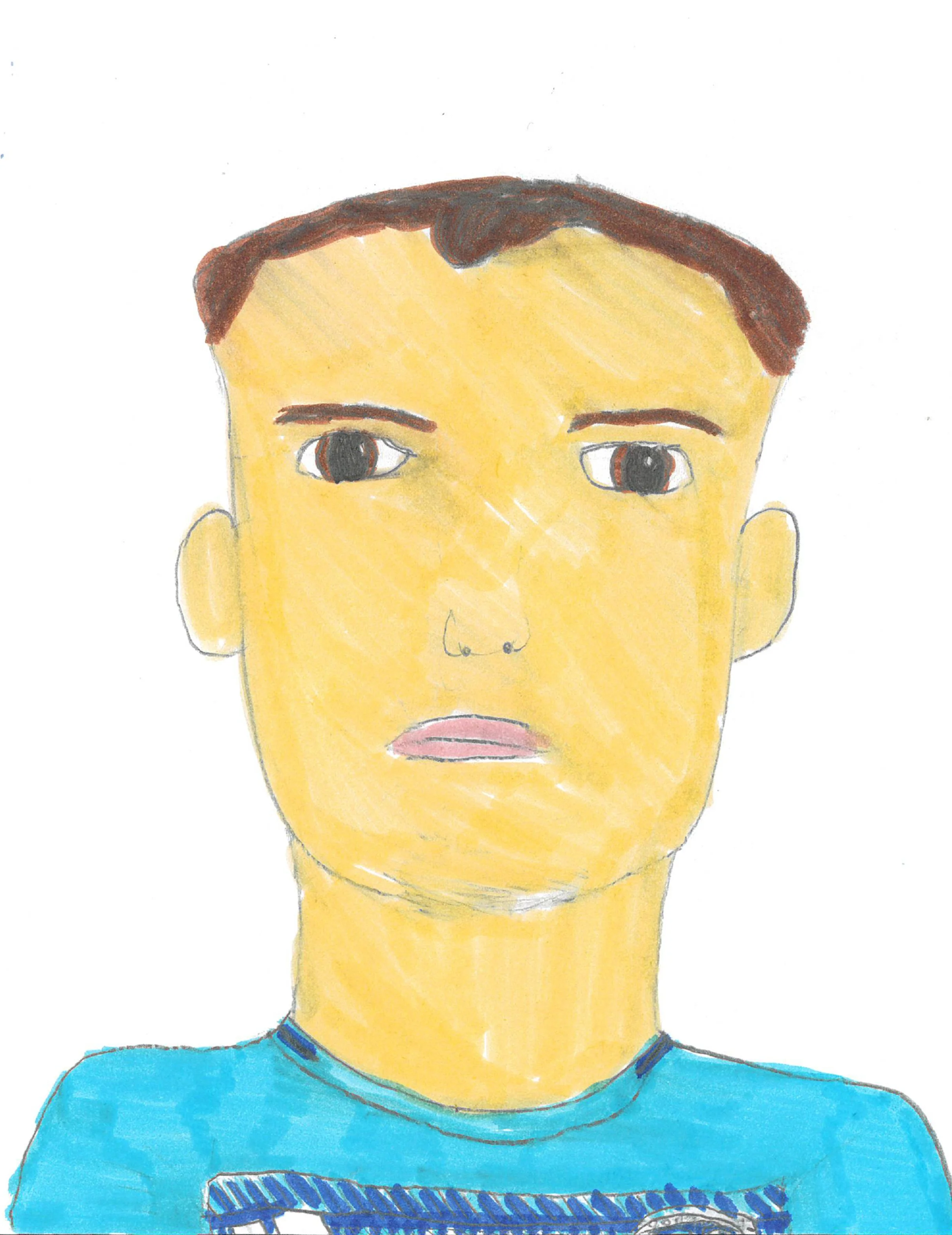 Drawing of a boy with brown hair, brown eyes, and wearing a blue shirt.