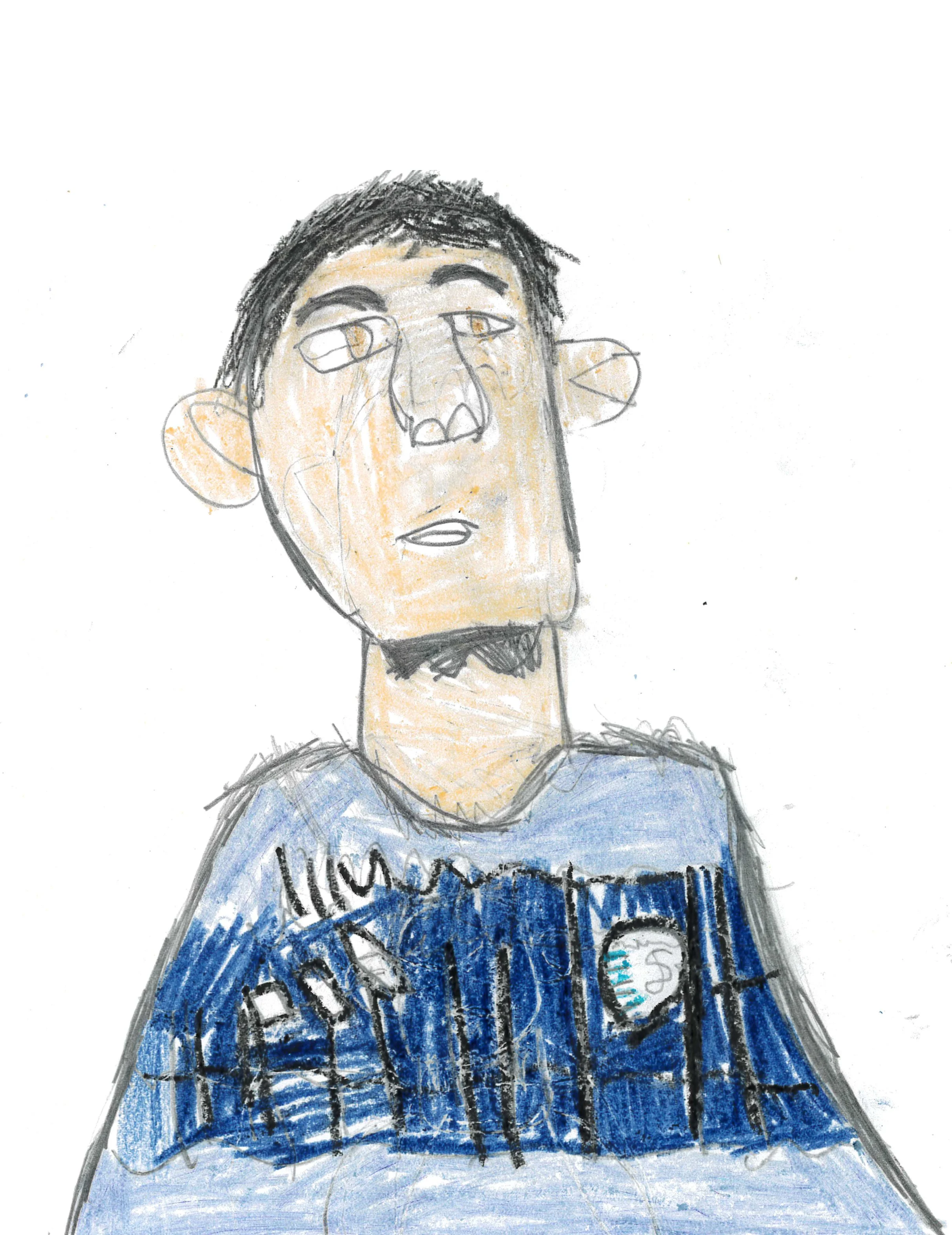 Child's crayon drawing of a person with short dark hair, wearing a blue sports jersey with a crest and the letter 'S'.