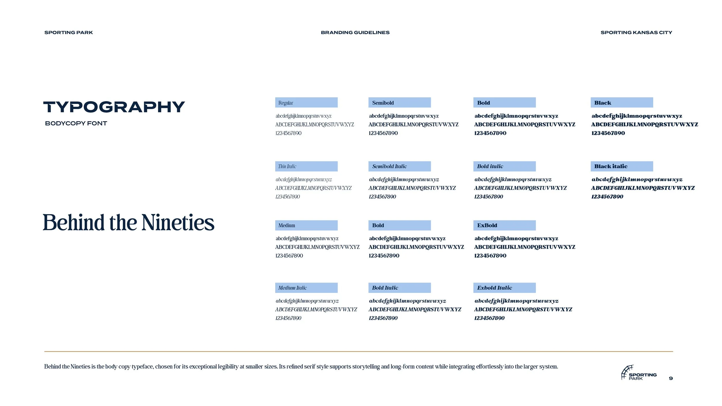 Branding guidelines document titled 'Behind the Nineties' showcasing various font styles and weights for 'Sporting Park' branding, with a Nike logo at the bottom right corner.