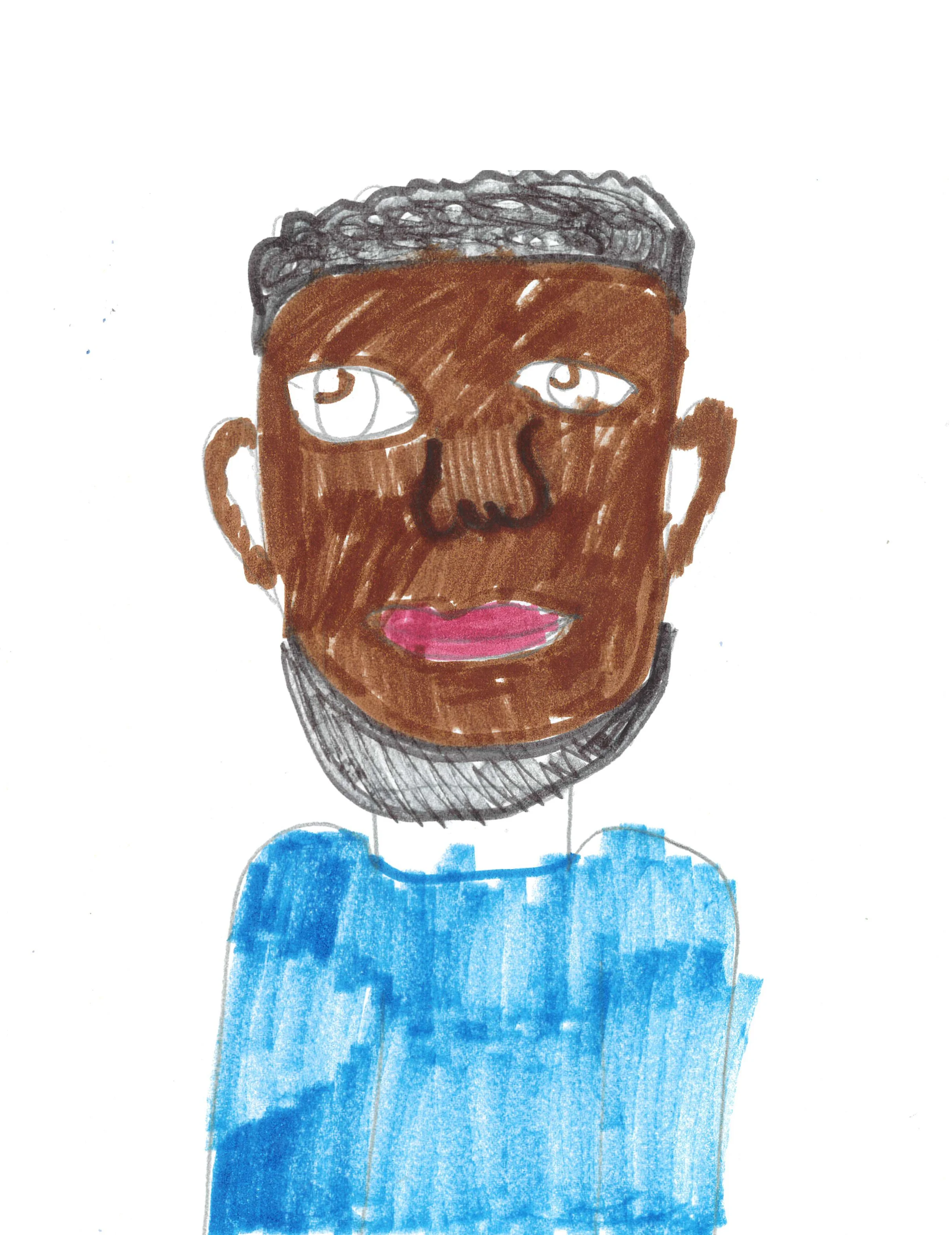 Drawing of a person with dark brown skin, short wavy black hair, light-colored eyes, pink lips, wearing a blue shirt and a gray collar.