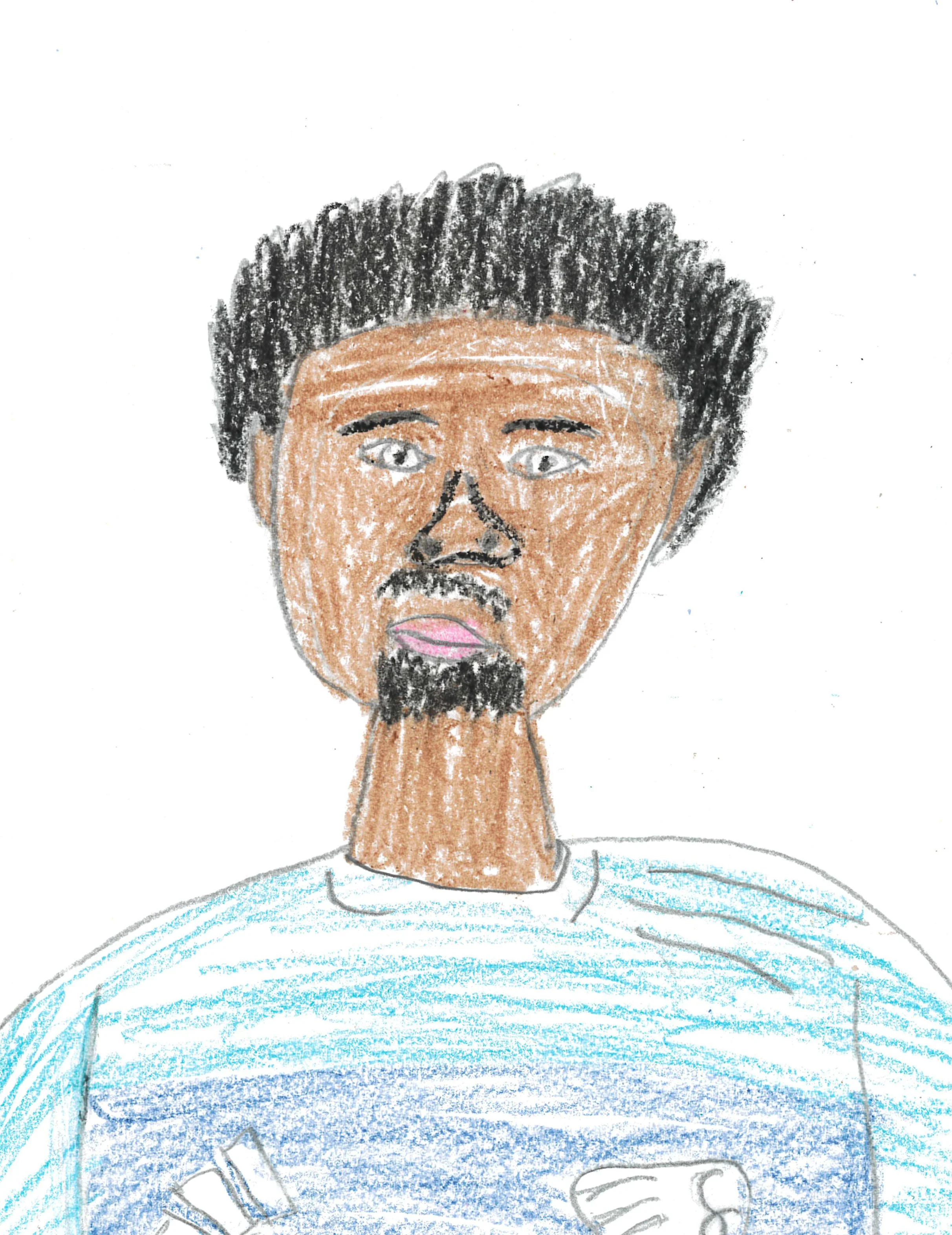 A hand-drawn portrait of a man with tan skin, black messy hair, a mustache and goatee, wearing a white and blue striped shirt.