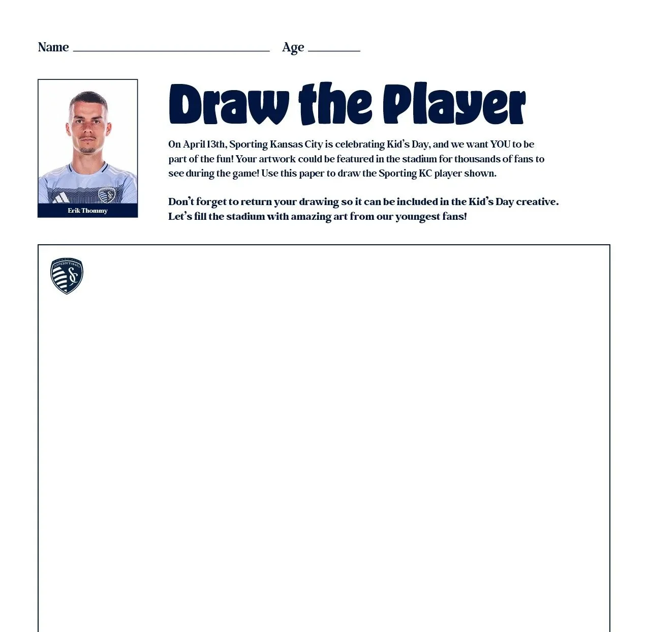 A Kid's Day activity sheet featuring a photo of a soccer player Erik Thommy and the Sporting Kansas City logo. The sheet includes instructions for drawing a Sporting KC player on a designated area.
