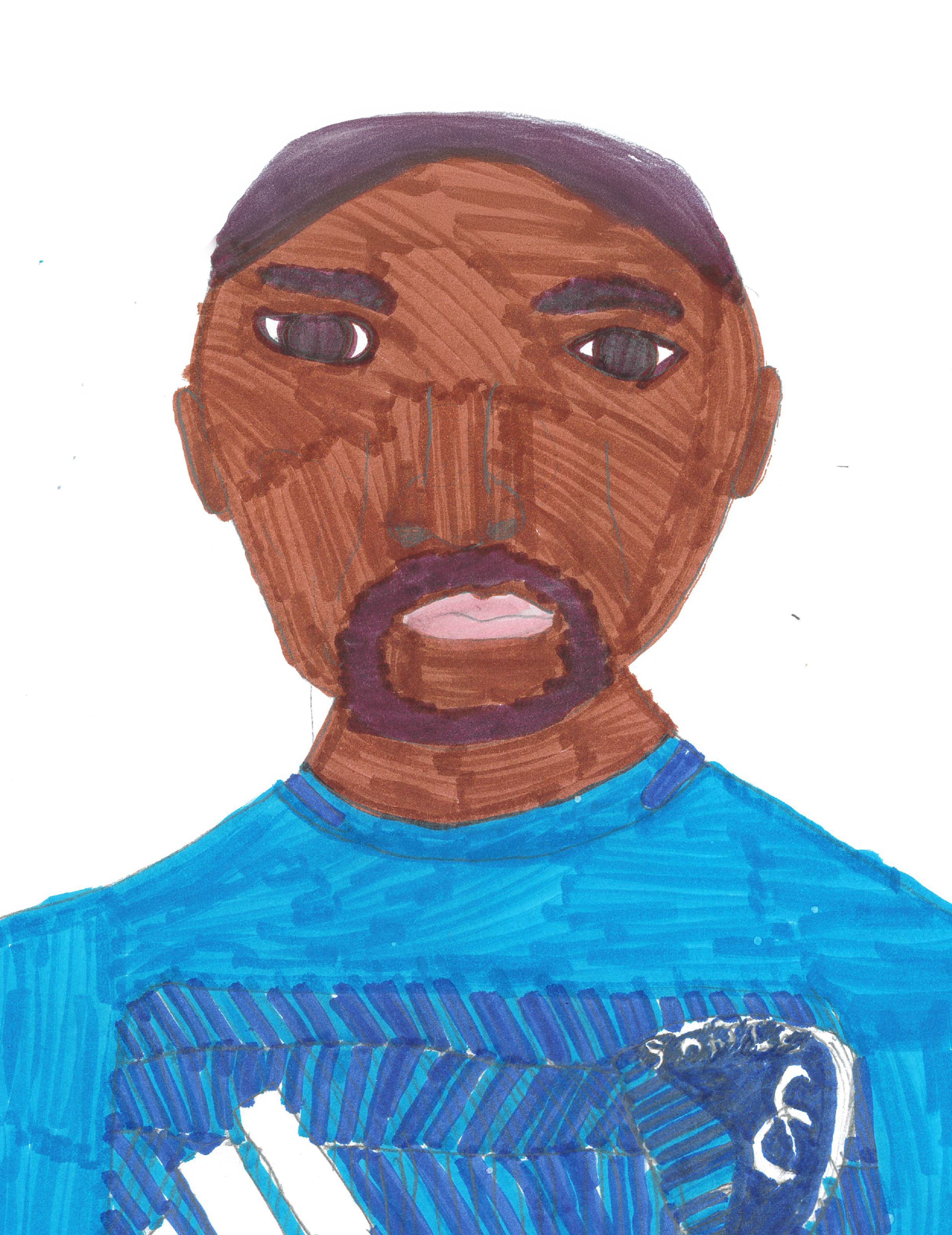 Colorful drawing of a man with dark skin, short hair, a beard, and wearing a blue shirt.