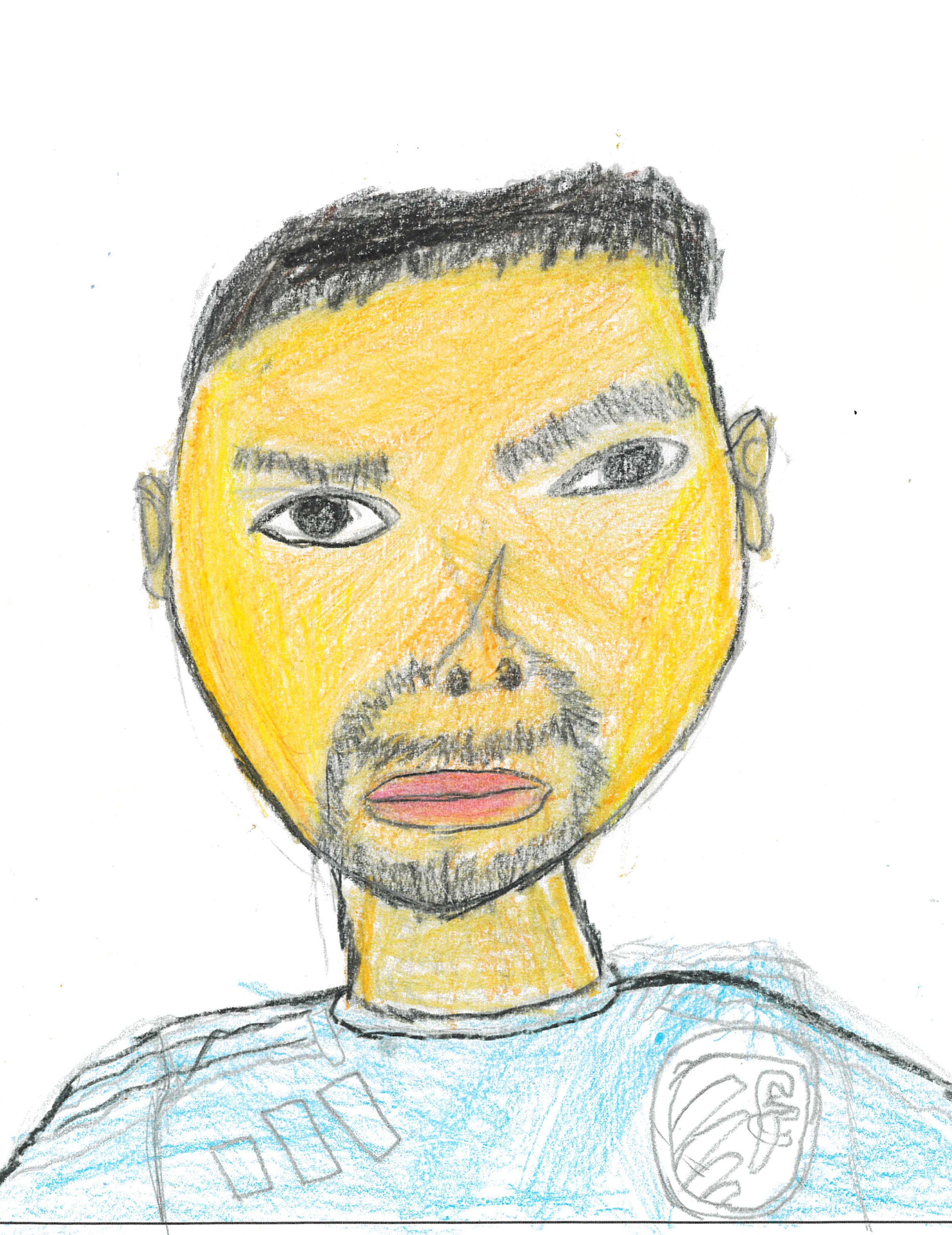 Colorful crayon drawing of a man with short dark hair, tan skin, and a beard, wearing a blue shirt with a crest on the chest.