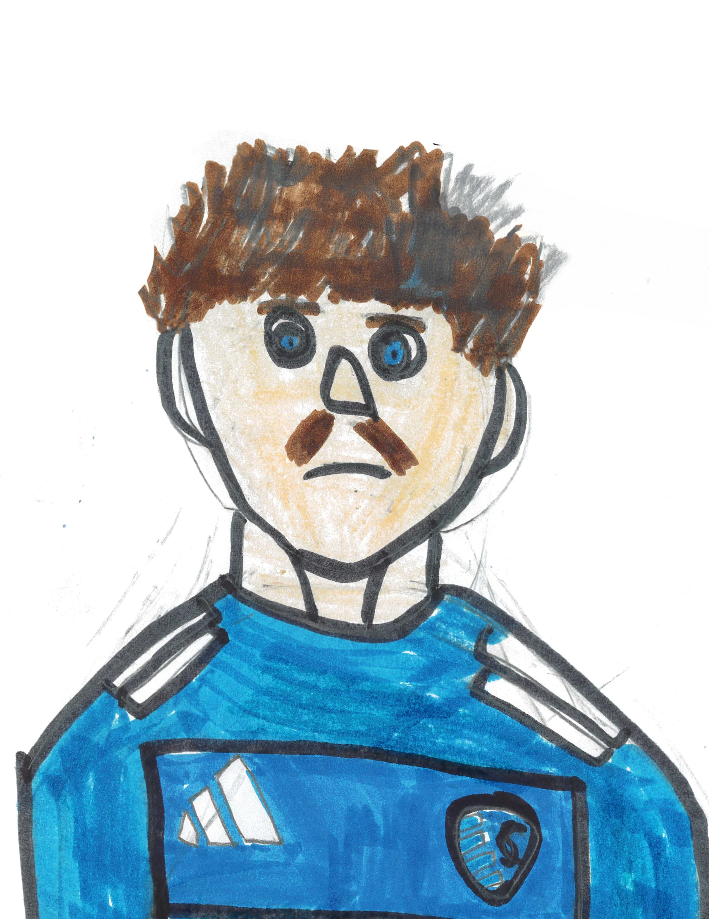 Hand-drawn illustration of a male soccer player with brown hair, blue eyes, and a brown mustache, wearing a blue jersey with shoulder stripes and an Adidas logo.