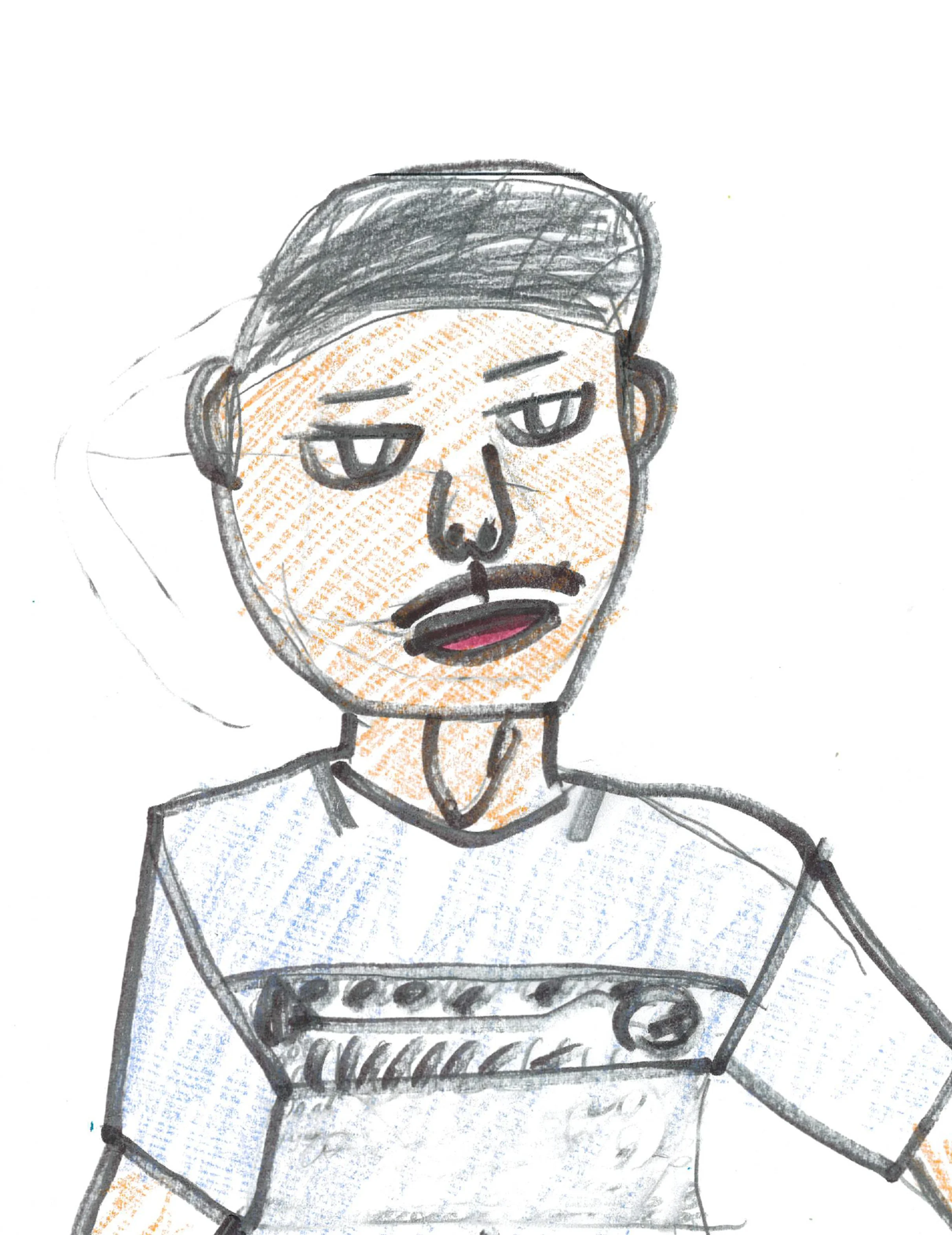 Hand-drawn illustration of a person with an unimpressed or skeptical expression, wearing a white shirt with a black and gray patterned band across the chest, dark short hair, and a mustache.