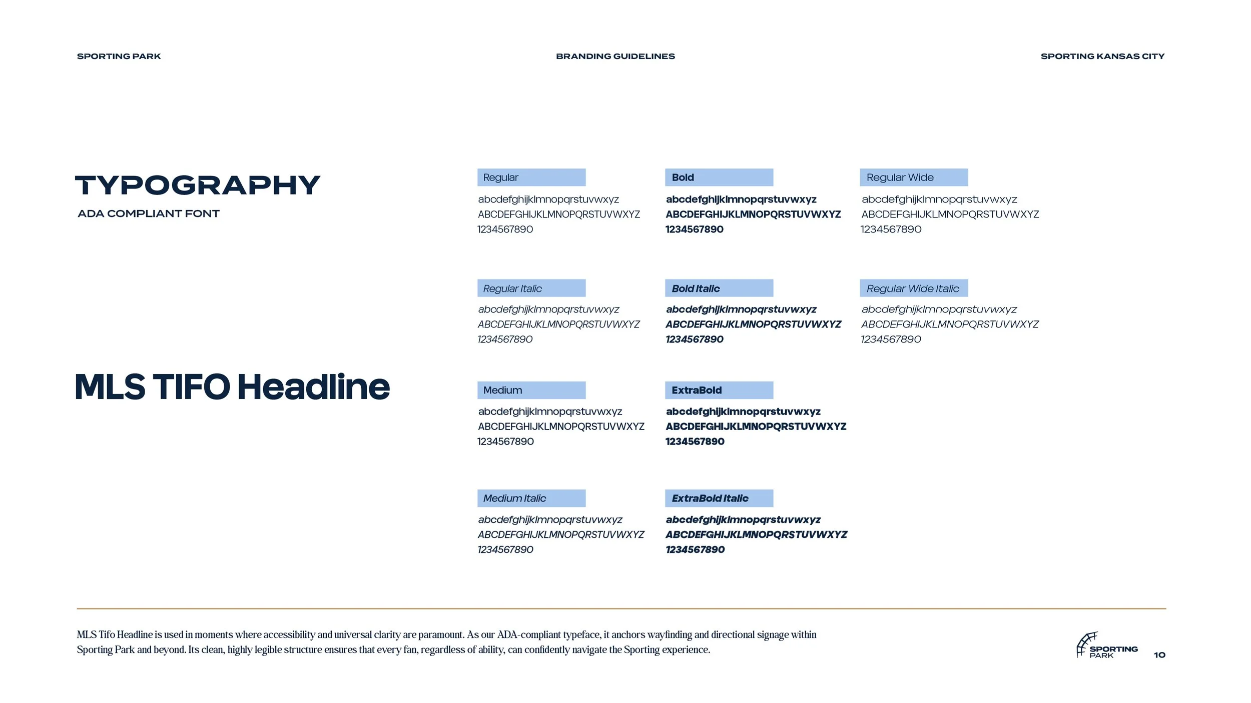 Branding guidelines for Sporting Park including various ADA compliant fonts such as Regular, Bold, Regular Italic, Bold Italic, Medium, ExtraBold, Medium Italic, ExtraBold Italic, and Regular Wide. The text explains the usage of MLS TIFO Headline for