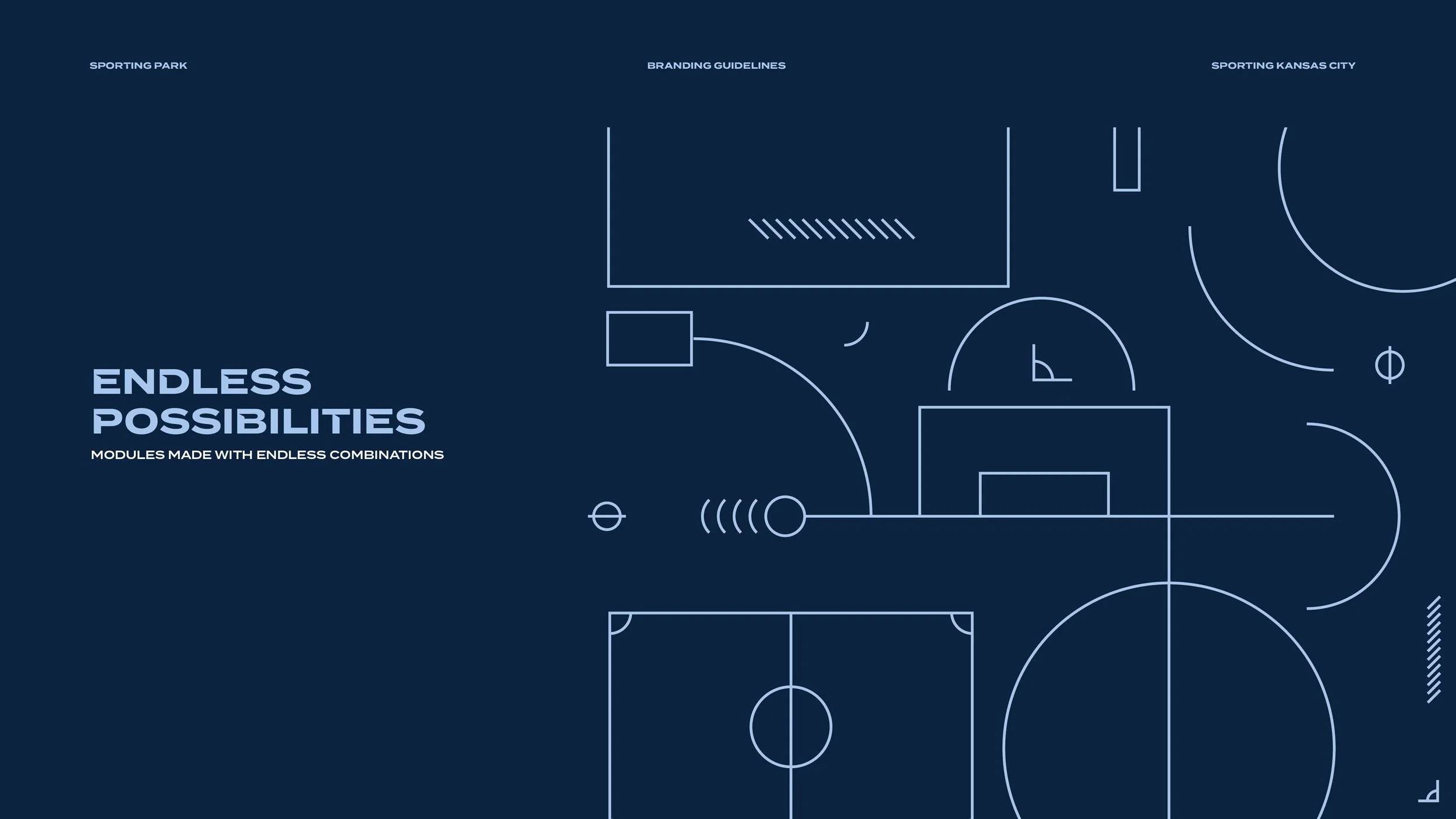 Artwork featuring a sports court and a walking path, with the text 'Endless Possibilities' and 'Modules made with endless combinations' on a dark blue background.