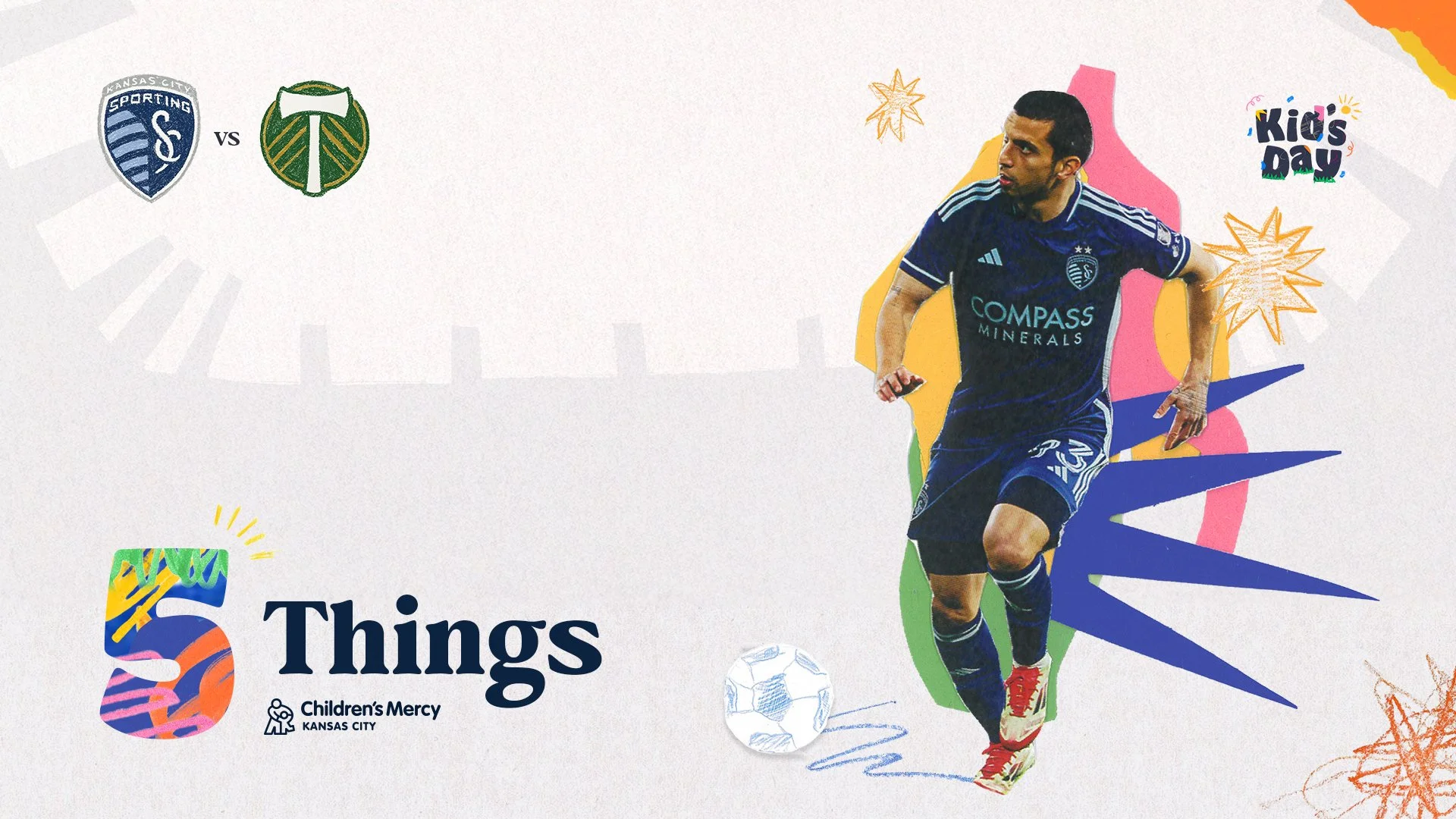Promotional graphic for Kids Day at Children's Mercy Kansas City featuring a soccer match between Sporting Kansas City and Portland Timbers, with a soccer player and playful colorful design elements.