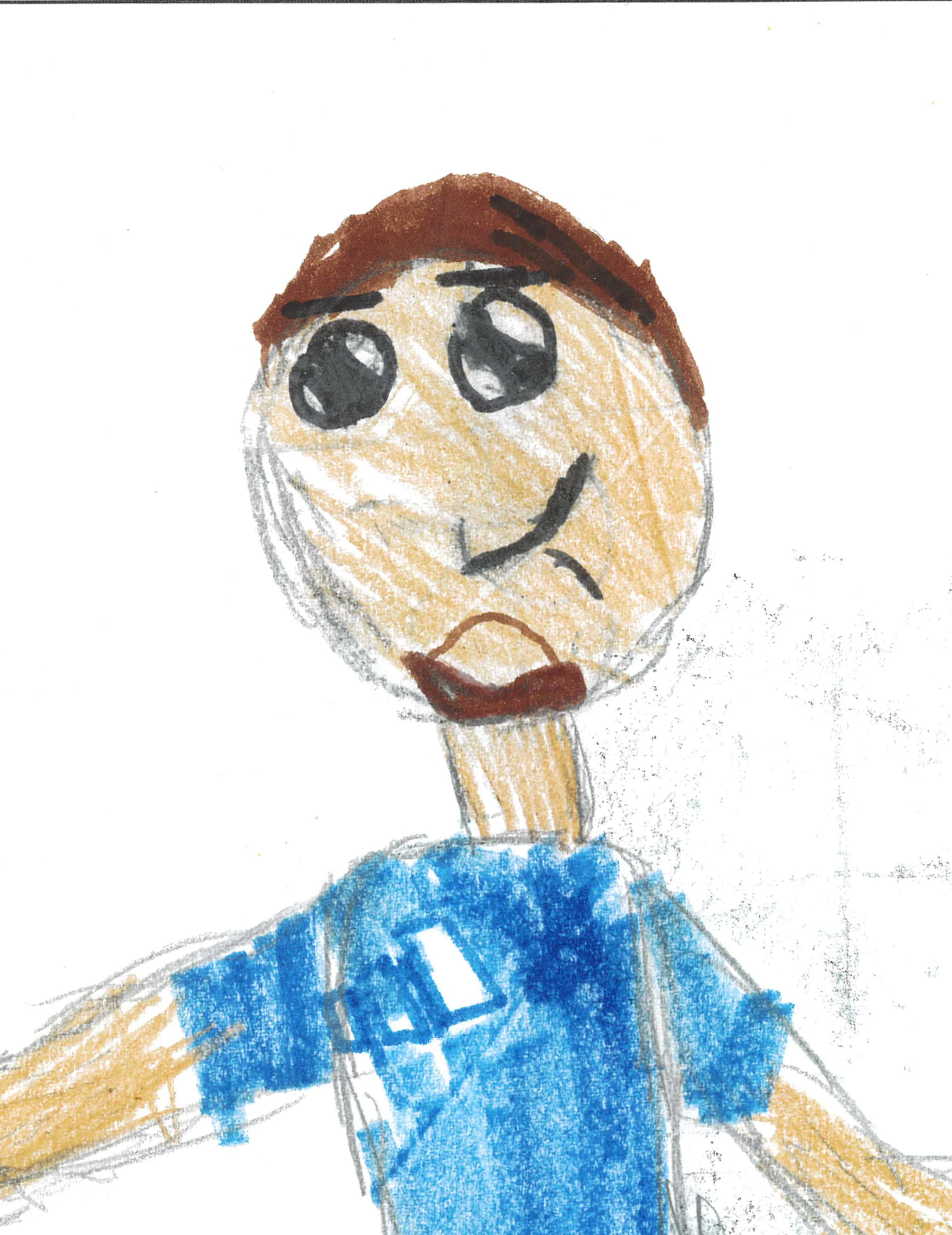 Childish crayon drawing of a person with large eyes, brown hair, wearing a blue shirt with an 'A' on it, smiling with a slightly sad expression.