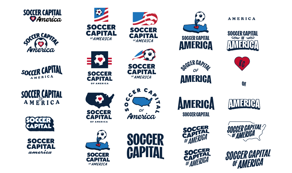 Various logos and text designs featuring the phrase "Soccer Capital of America" with soccer imagery, patriotic colors, and U.S. map outlines.