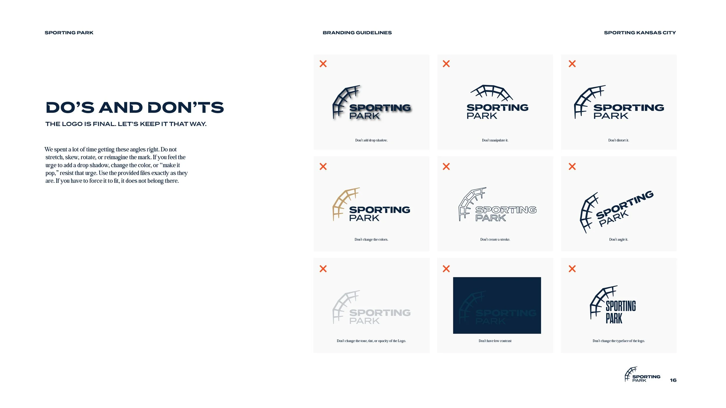 Page from branding guidelines with DO'S AND DON'TS for the Sporting Park logo. Shows correct and incorrect logo versions, along with tips for proper use.