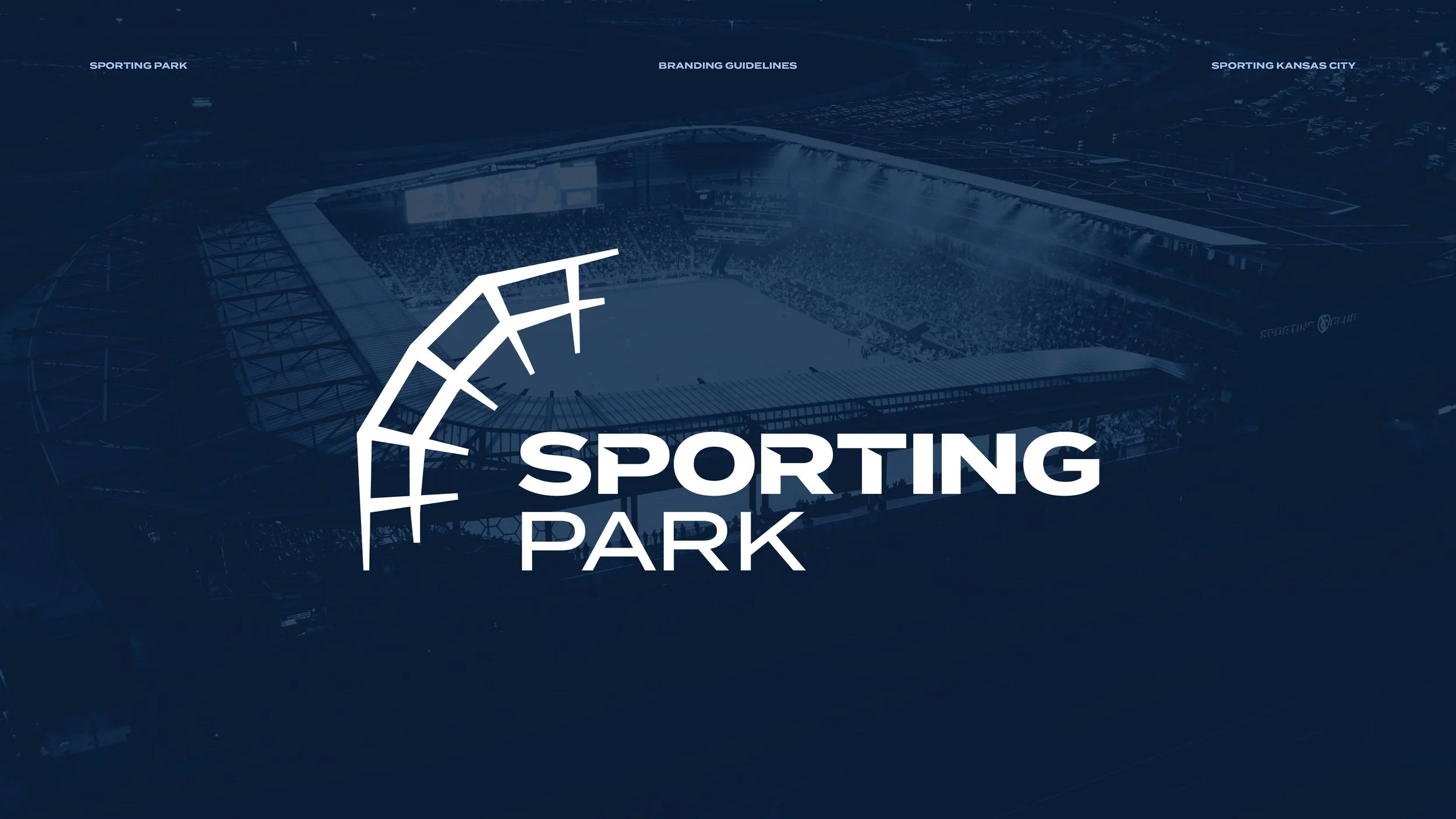 Logo for Sporting Park with an aerial view of a sports stadium in the background.