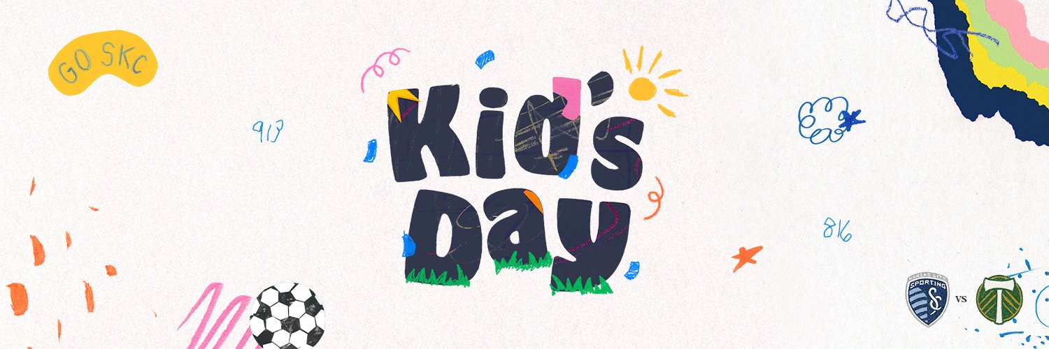 Colorful graphic celebrating kids' day with the text 'Kids Day' in bold letters, surrounded by doodles of a soccer ball, a sun, a rainbow, and playful shapes, including sports team logos at the bottom.
