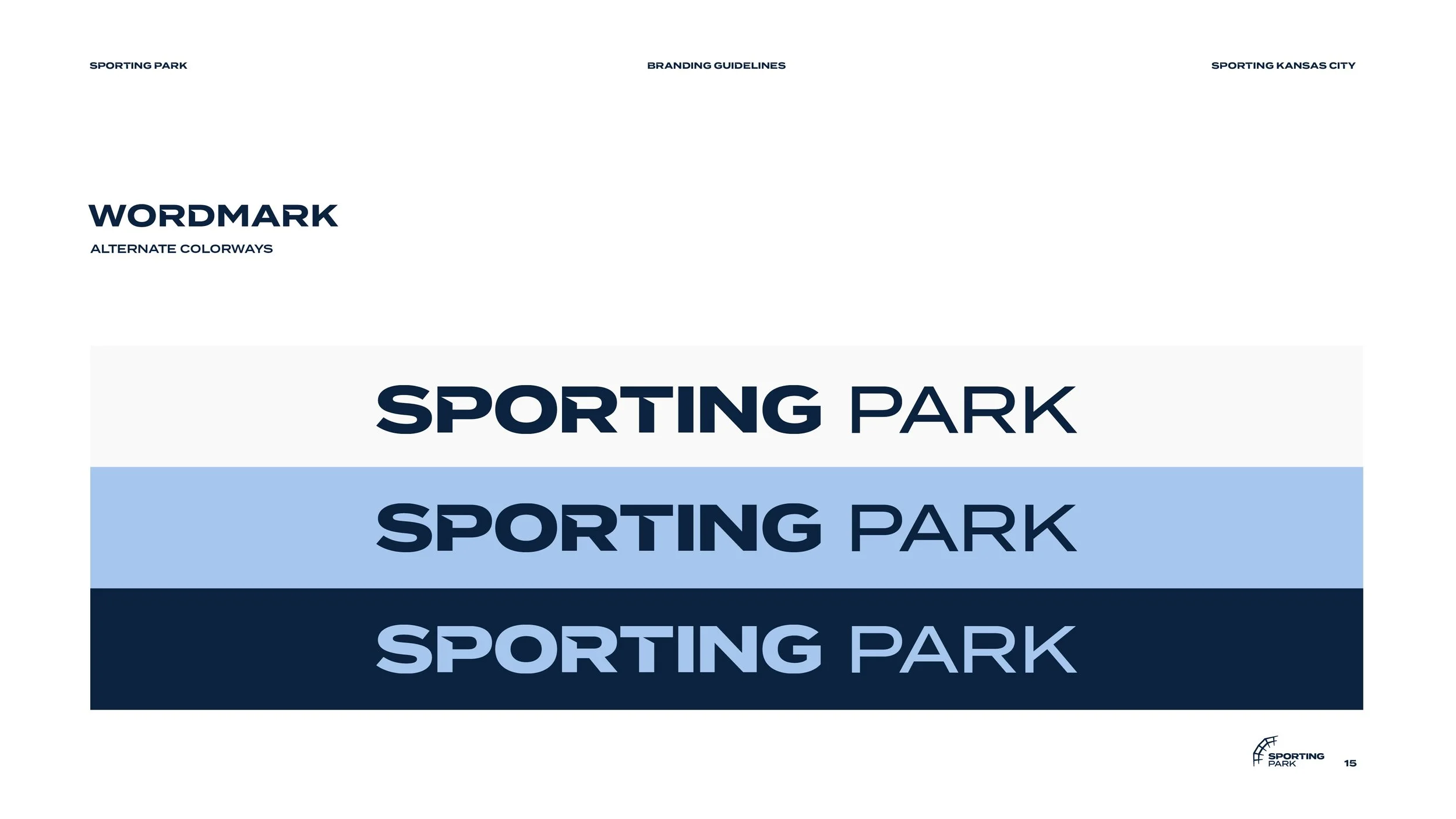 Slide showing different versions of the words 'SPORTING PARK' in various shades of blue and font weights, with branding guidelines in the top corners and a small logo of a globe in the bottom right corner.