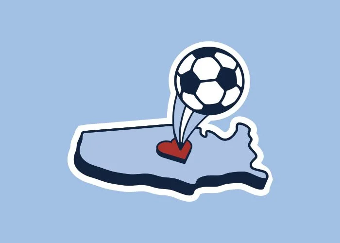 A cartoon illustration of the state of Minnesota with a heart marking a location, and a soccer ball appearing to land on that spot.