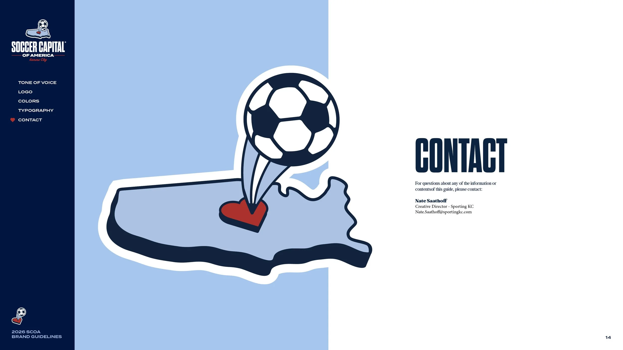 A stylized illustration of Kansas with a heart marker, a soccer ball bouncing above it, representing Kansas City, on a guide page for Soccer Capital of America.
