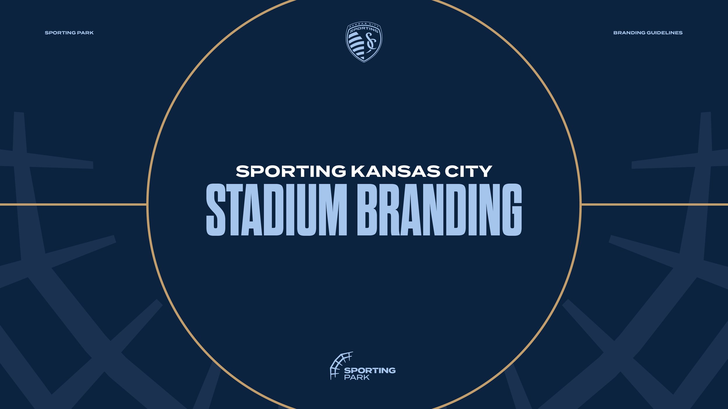Title slide for Sporting Kansas City stadium branding presentation with the Sporting Kansas City logo at the top center and a dark blue background.
