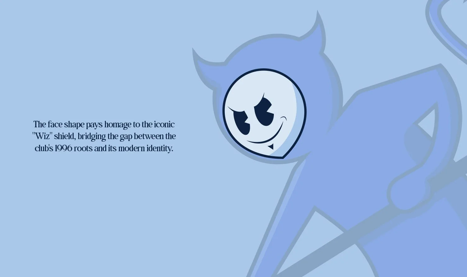 A stylized cartoon face with a mischievous smile, paying homage to the classic 'Wiz' shield, with text explaining its symbolism and connection to the club's roots since 1996.