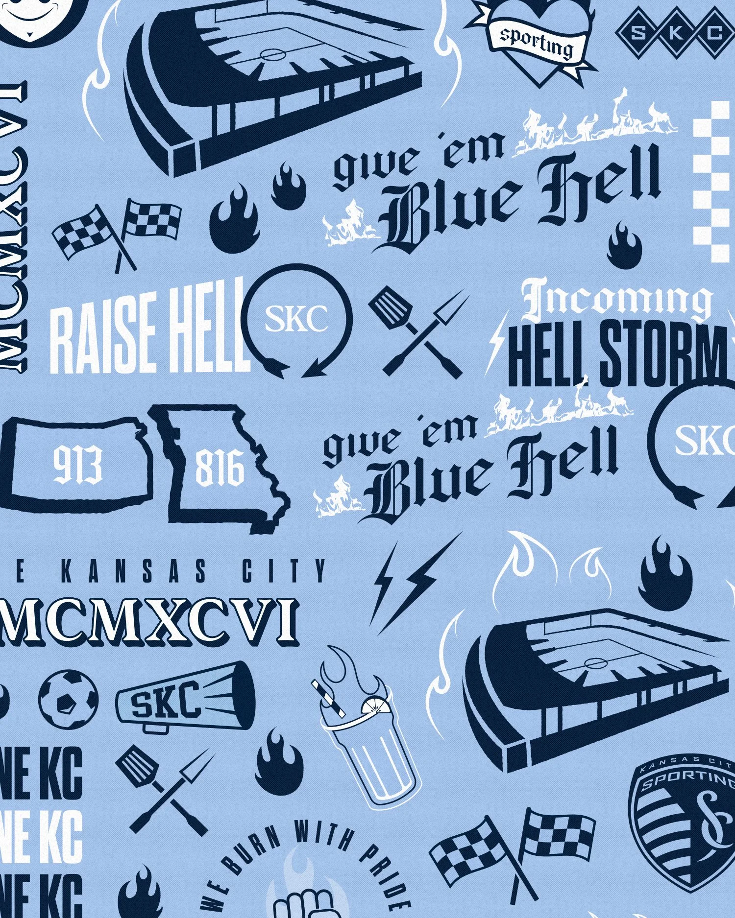 A collage of Kansas City Sporting soccer team themed graphics including stadiums, checkered flags, flames, beer, and slogans like 'give em Blue Hell,' 'Raise Hell,' and 'Incoming Hell Storm.'
