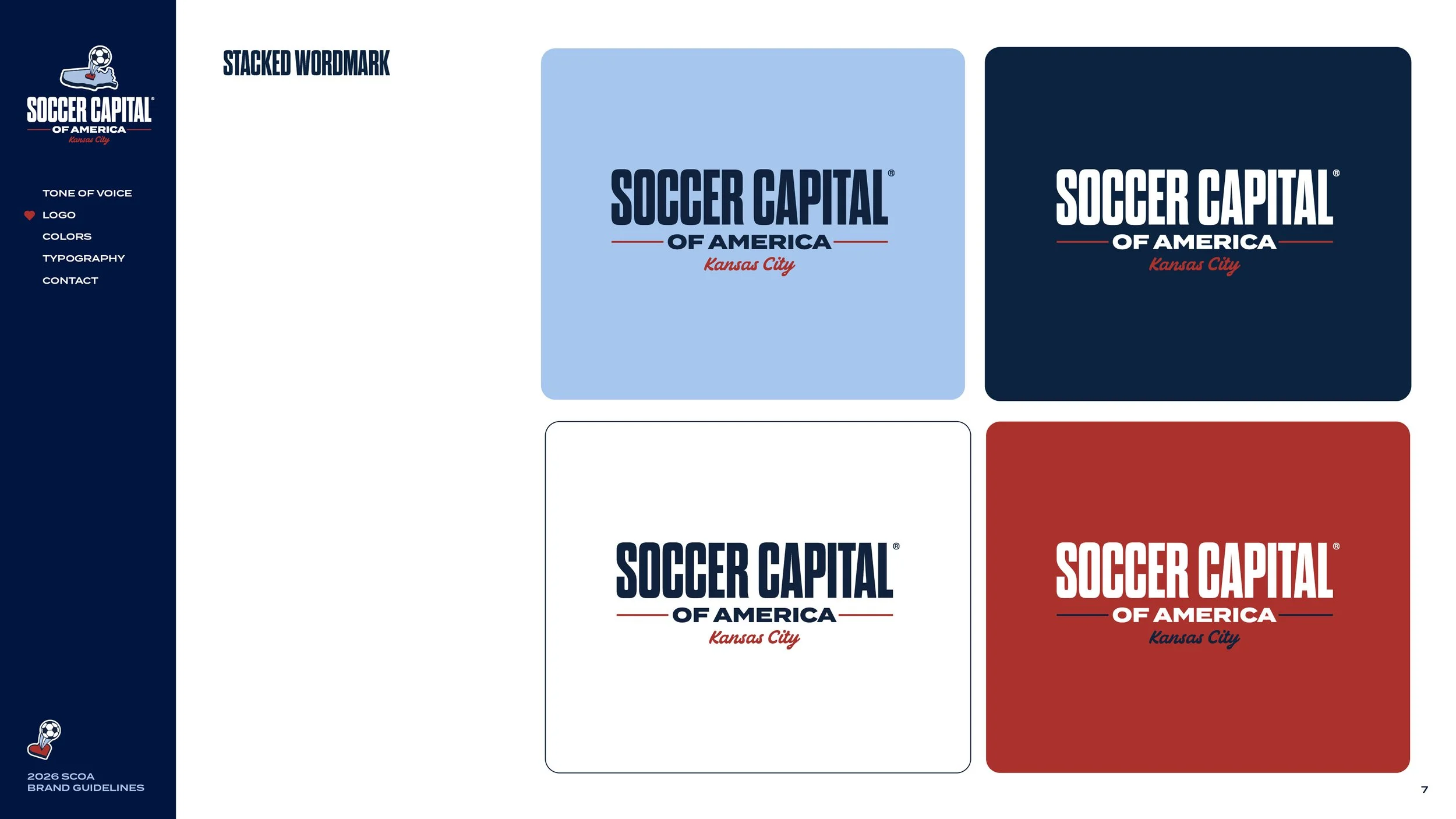 A branding style guide for Soccer Capital of America, Kansas City, showing four different wordmark styles with different background colors: light blue, navy blue, white, and red. The logo features text 'Soccer Capital of America Kansas City' with a s