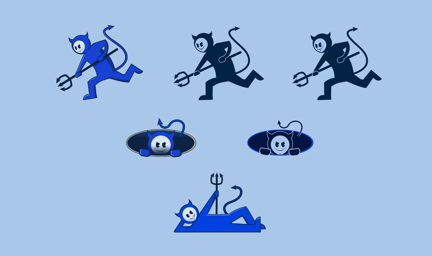 Array of cartoon devil characters in different poses and expressions, with some appearing to hide behind rocks and one lying on the ground. The devils are blue and black with small horns, tails, and pitchforks, set against a light blue background.