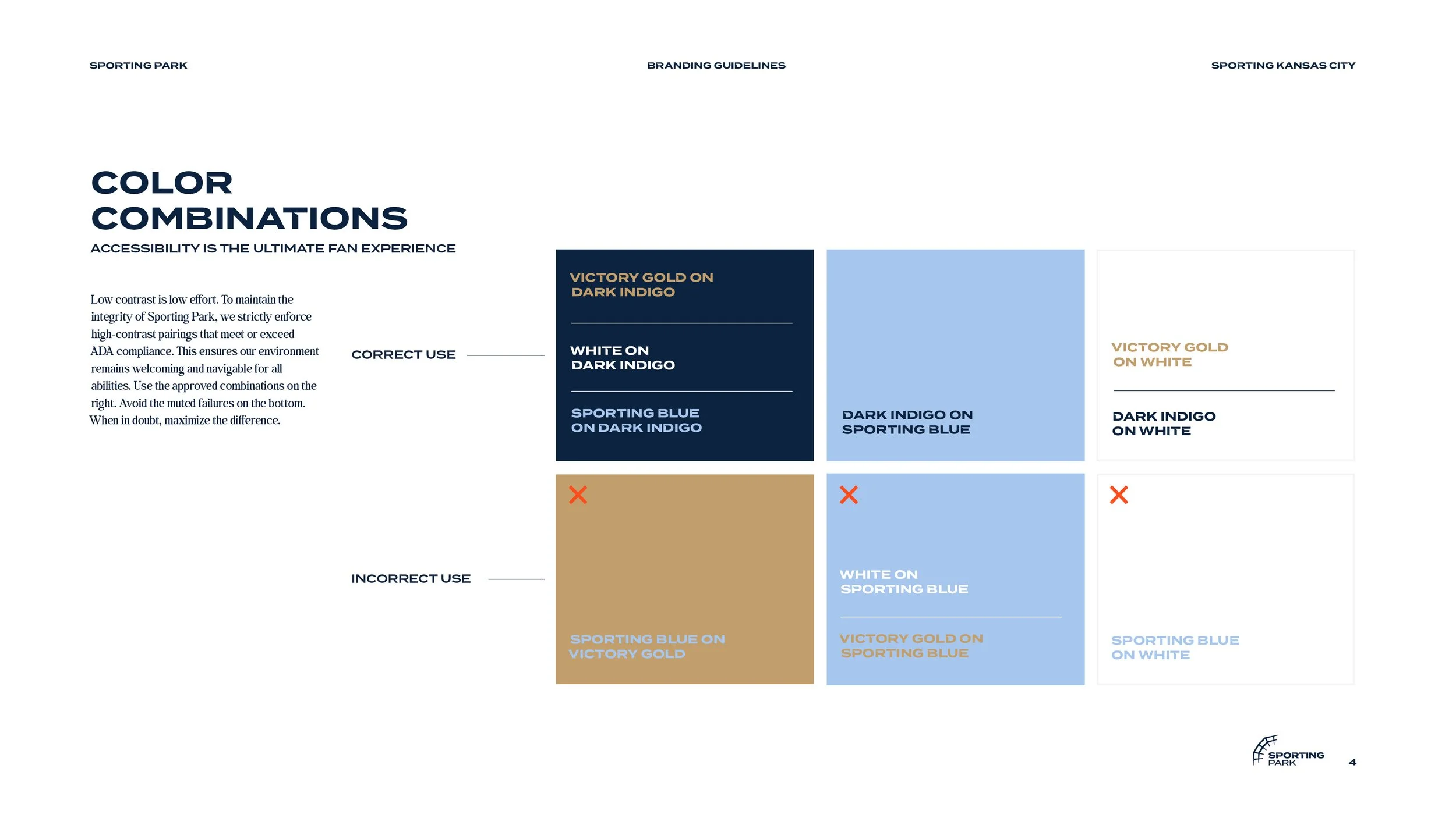 A branding guideline chart for color combinations used in Sporting Park, Kansas City, showing compliant and non-compliant color pairings with labels such as victory gold, dark indigo, white, and sporting blue.