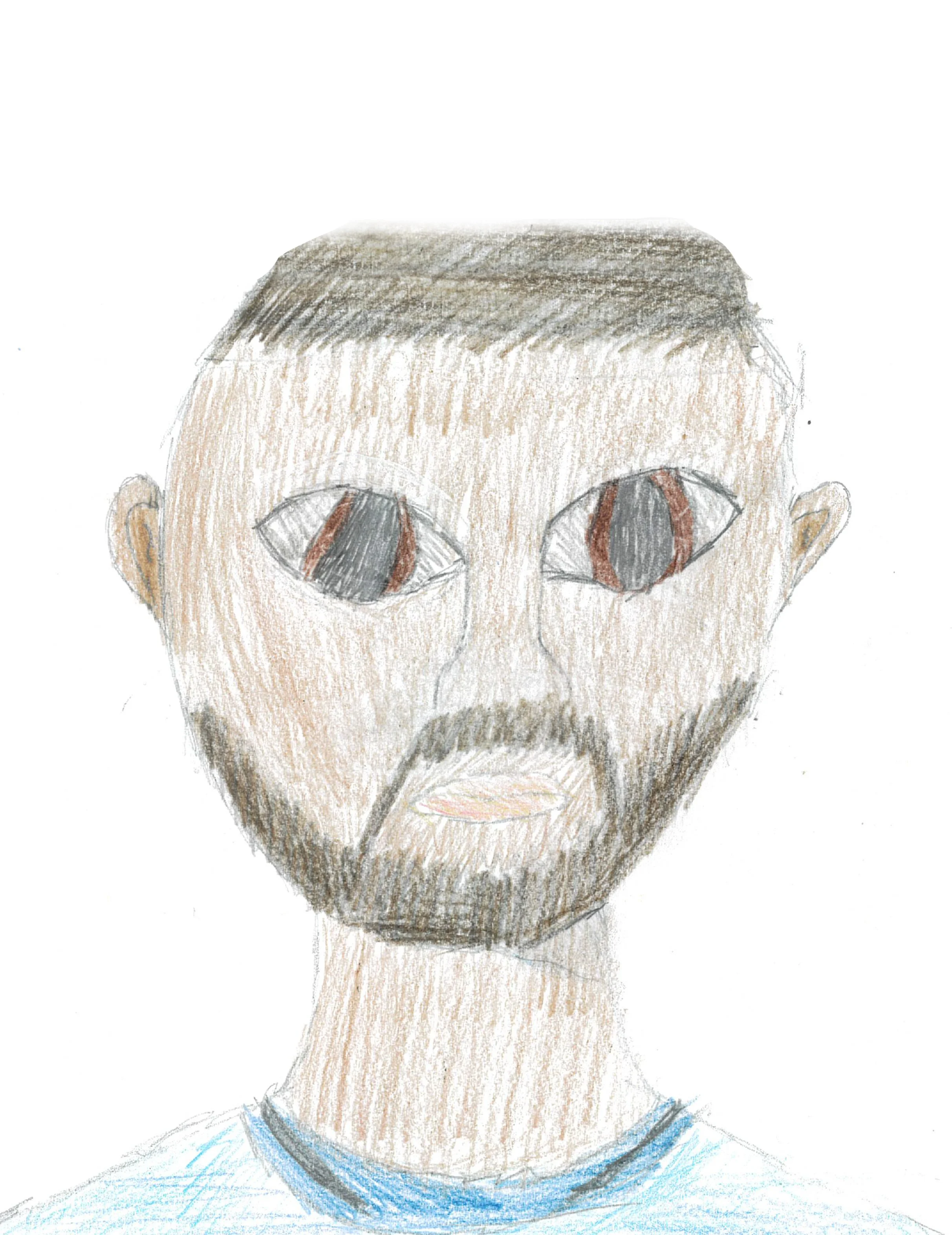 Child's hand-drawn portrait of a man with short brown hair, brown eyes with black pupils and red streaks, a beard, and wearing a blue shirt.