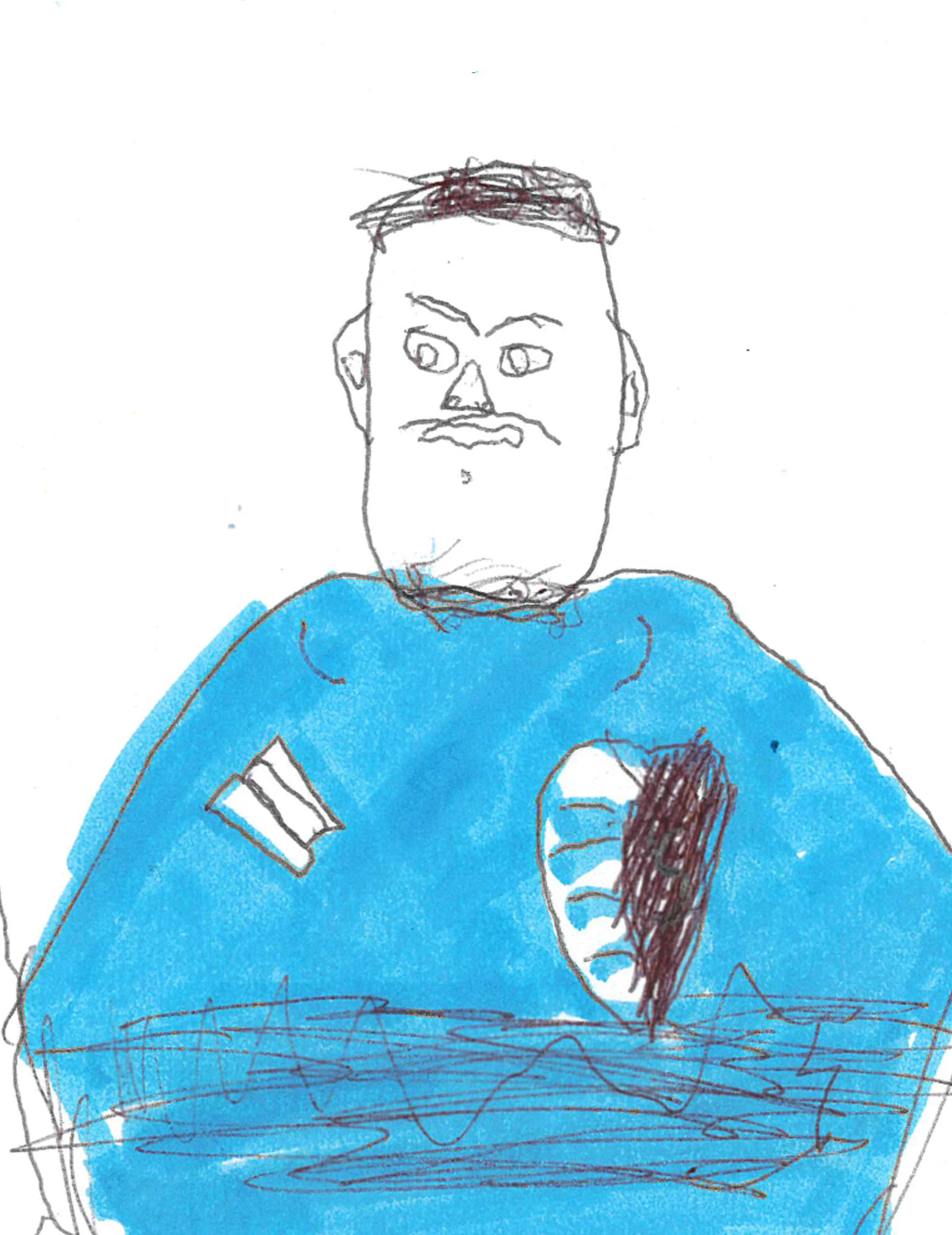 Drawing of a person with short hair and a beard, wearing a blue shirt, with a patch on his chest, holding his hand over his stomach.