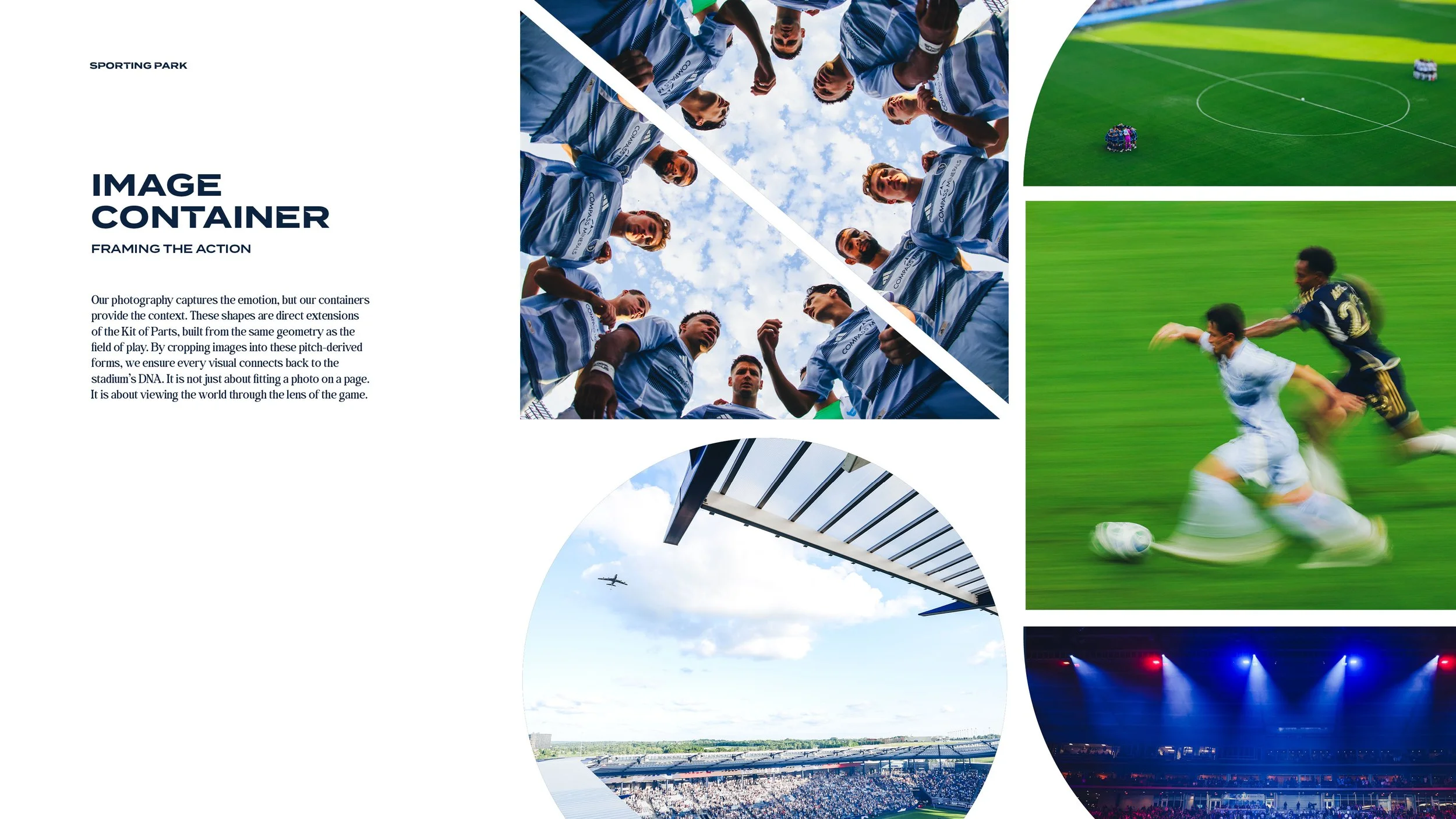 Collage of sports scenes including a soccer team huddle, a soccer game with players racing for the ball, an airplane flying over a stadium, and a stage with colorful lighting.