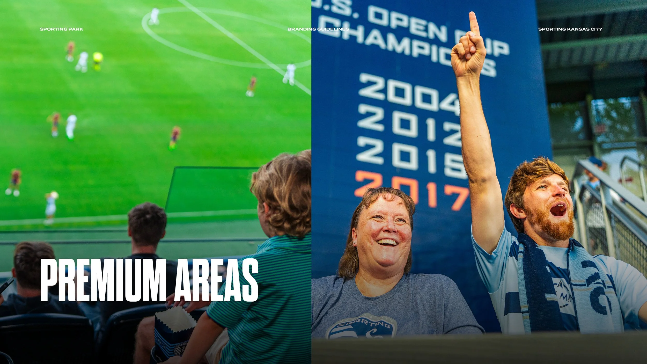 Split image. Left side shows a soccer match at a stadium, with fans watching from the stands, labeled 'Premium Areas'. Right side features two fans cheering at a soccer game in a stadium, with banners displaying championship years in the background.