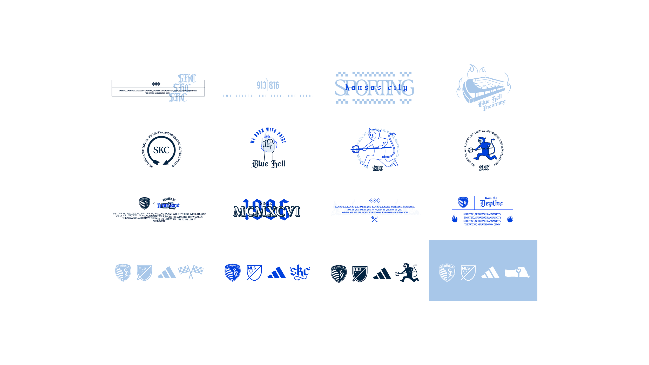 A collage of multiple sports team logos and text, including references to soccer, blue hell, and the Seattle Sounders, with a predominantly blue and white color scheme.