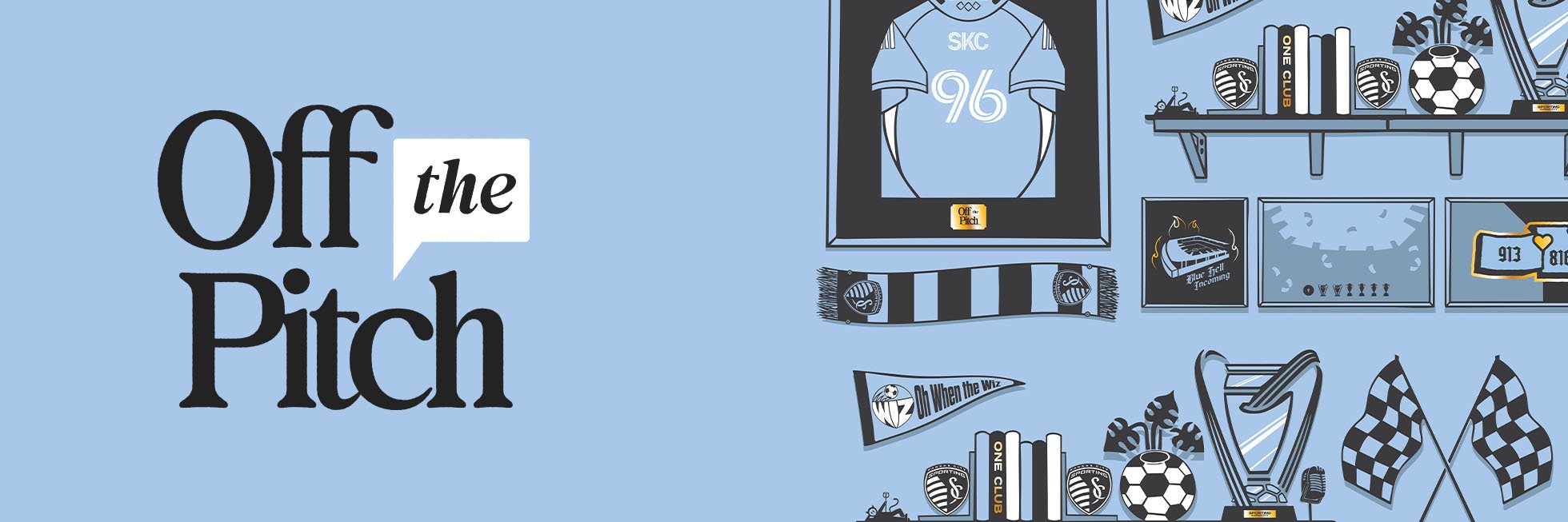 Promotional banner for the movie "Off the Pitch" featuring various soccer memorabilia and related items in blue, black, and white colors.