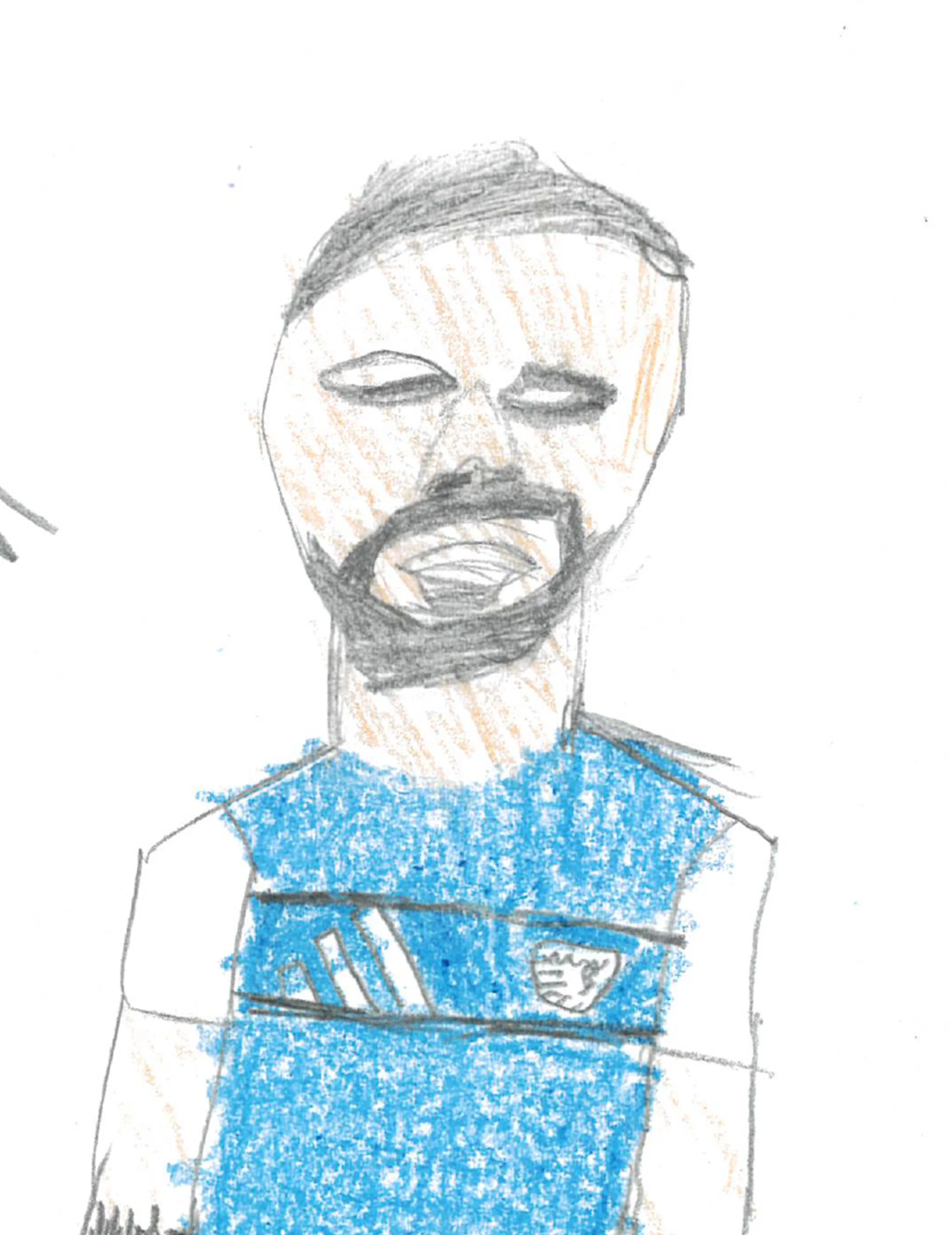 Child's drawing of a man with a beard and mustache wearing a blue sports jersey with a crest, with his eyes closed and mouth open