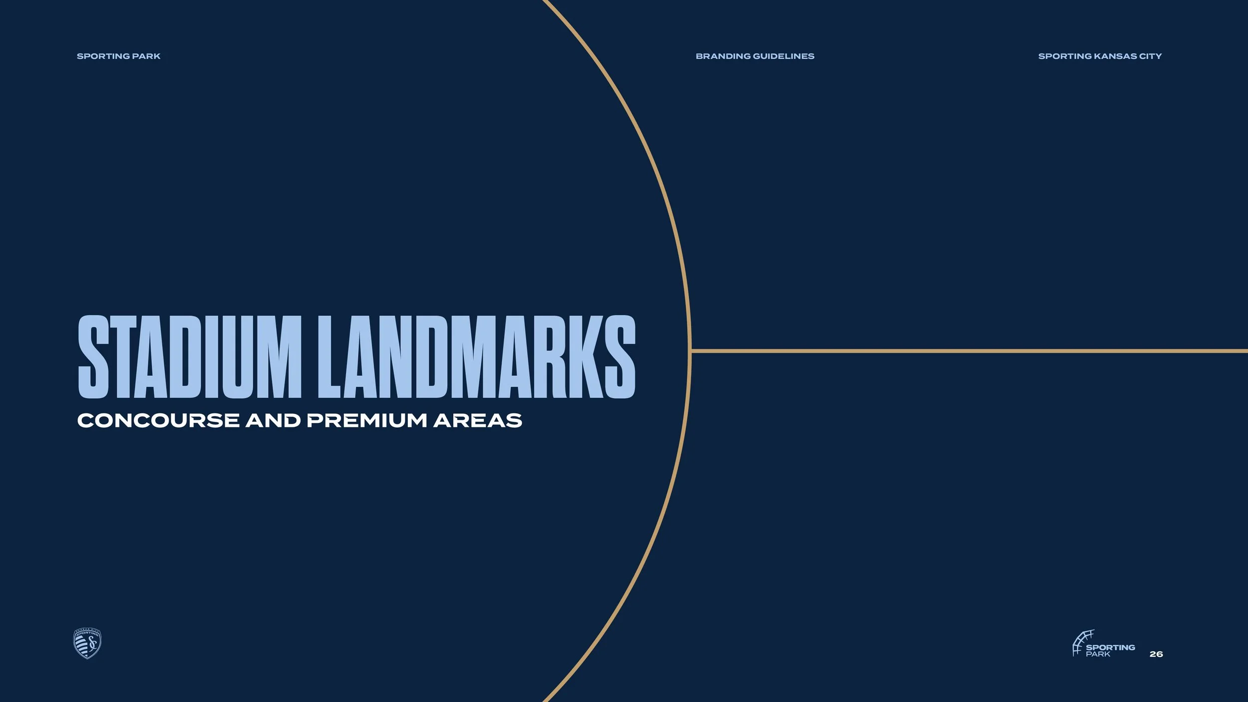 Slide titled 'Stadium Landmarks, Concourse and Premium Areas' with a dark blue background, gold lines, and small text at the top mentioning 'Sporting Park,' 'Branding Guidelines,' and 'Sporting Kansas City'. A small logo at the bottom left and a smal