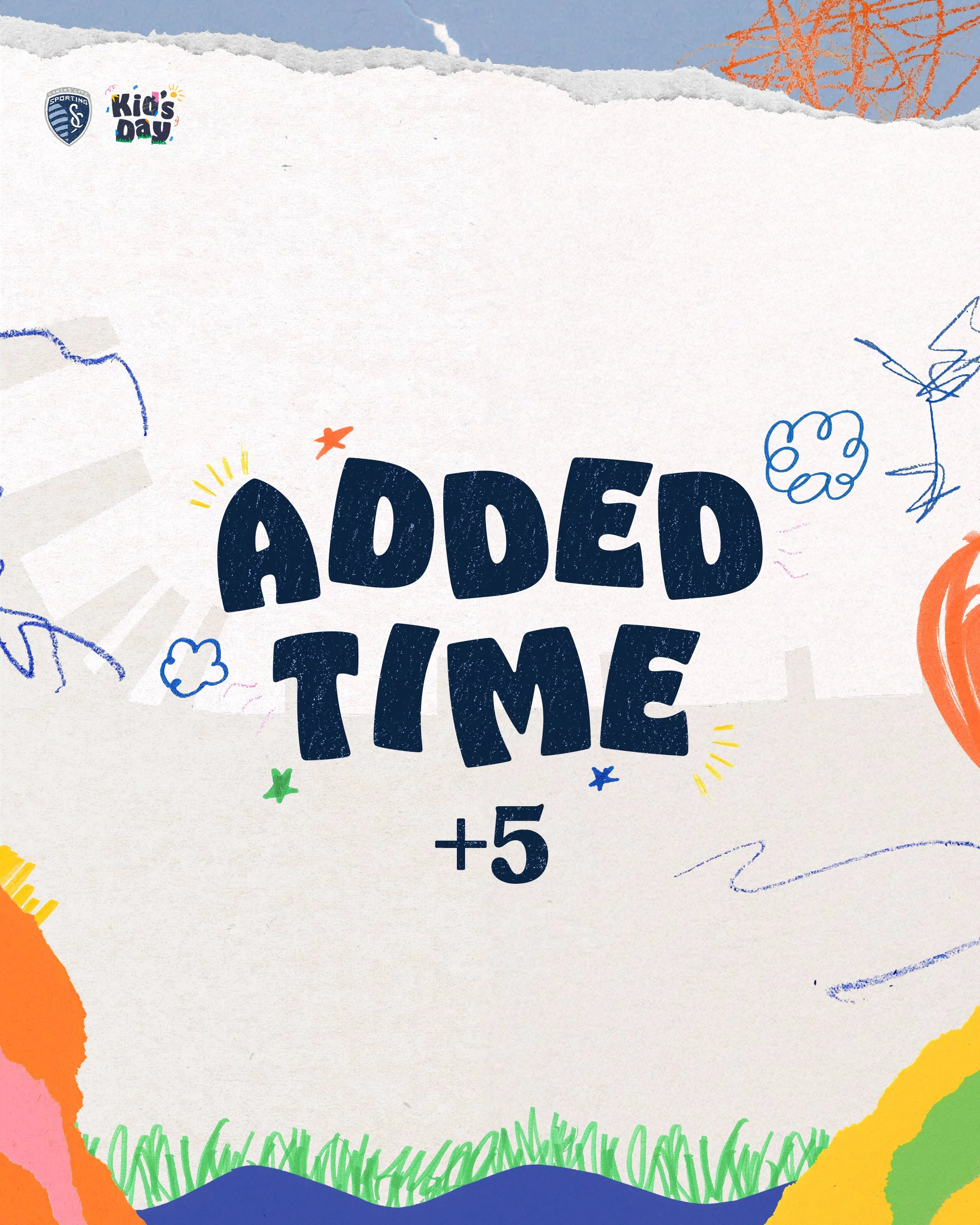 Colorful children's drawing with the words 'ADED TIME +5' in the center, surrounded by doodles, grass, and colorful shapes.