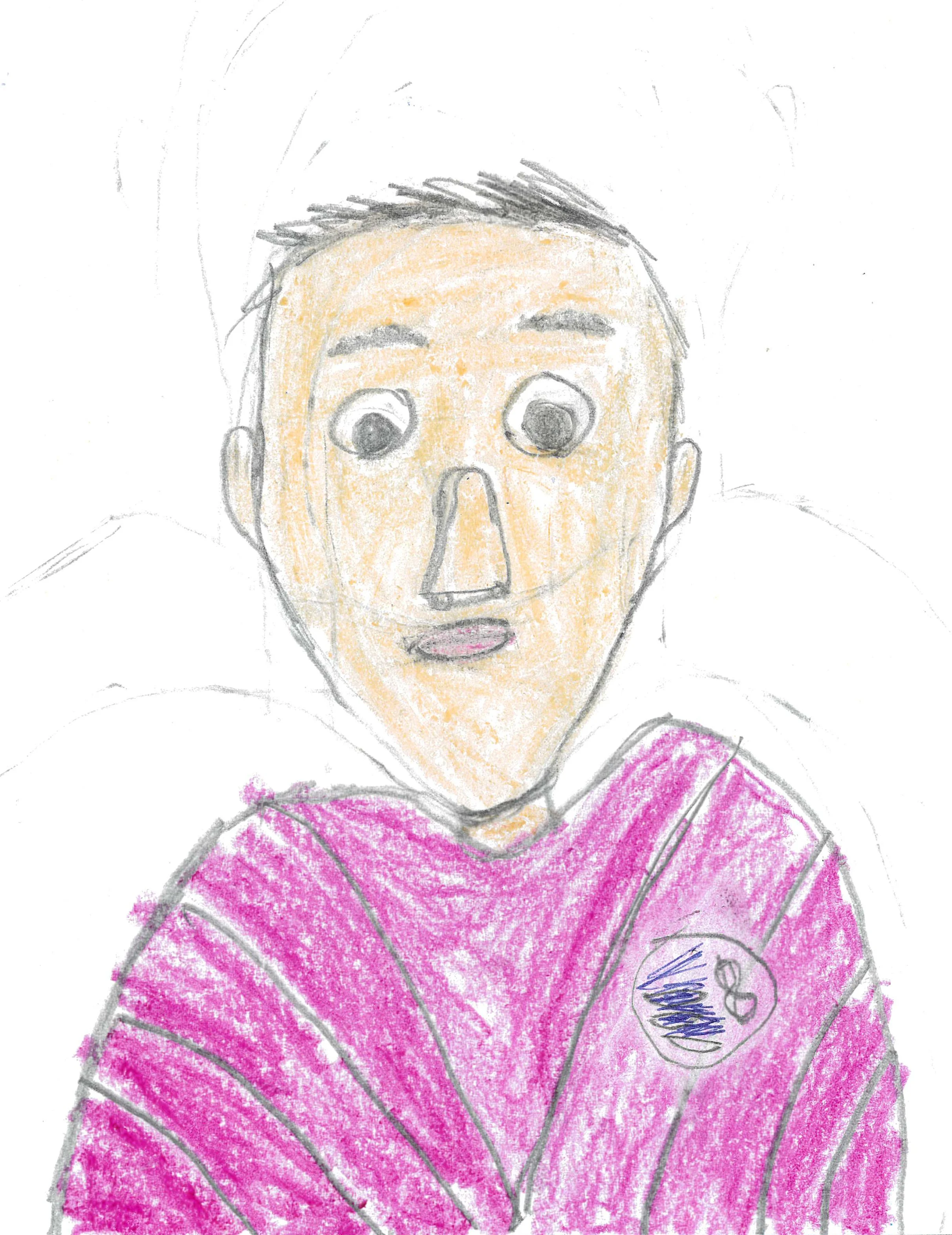 Child's colorful crayon drawing of a person with short dark hair, wearing a pink striped shirt, and a badge with a heart symbol.