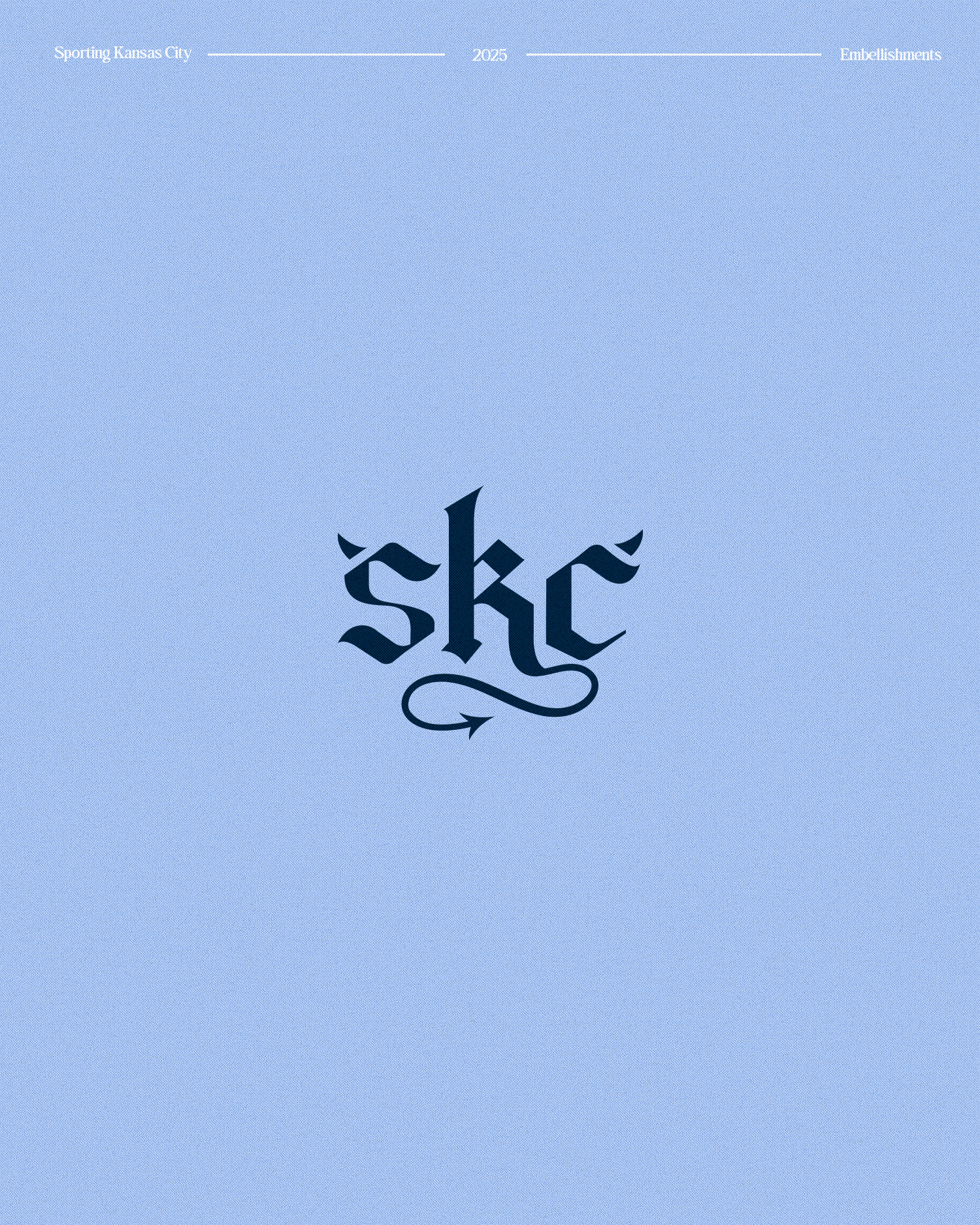 Blue background with black Gothic-style letter logo 'SKC' in the center and small text above reading 'Sporting Kansas City 2025 Embellishments'.