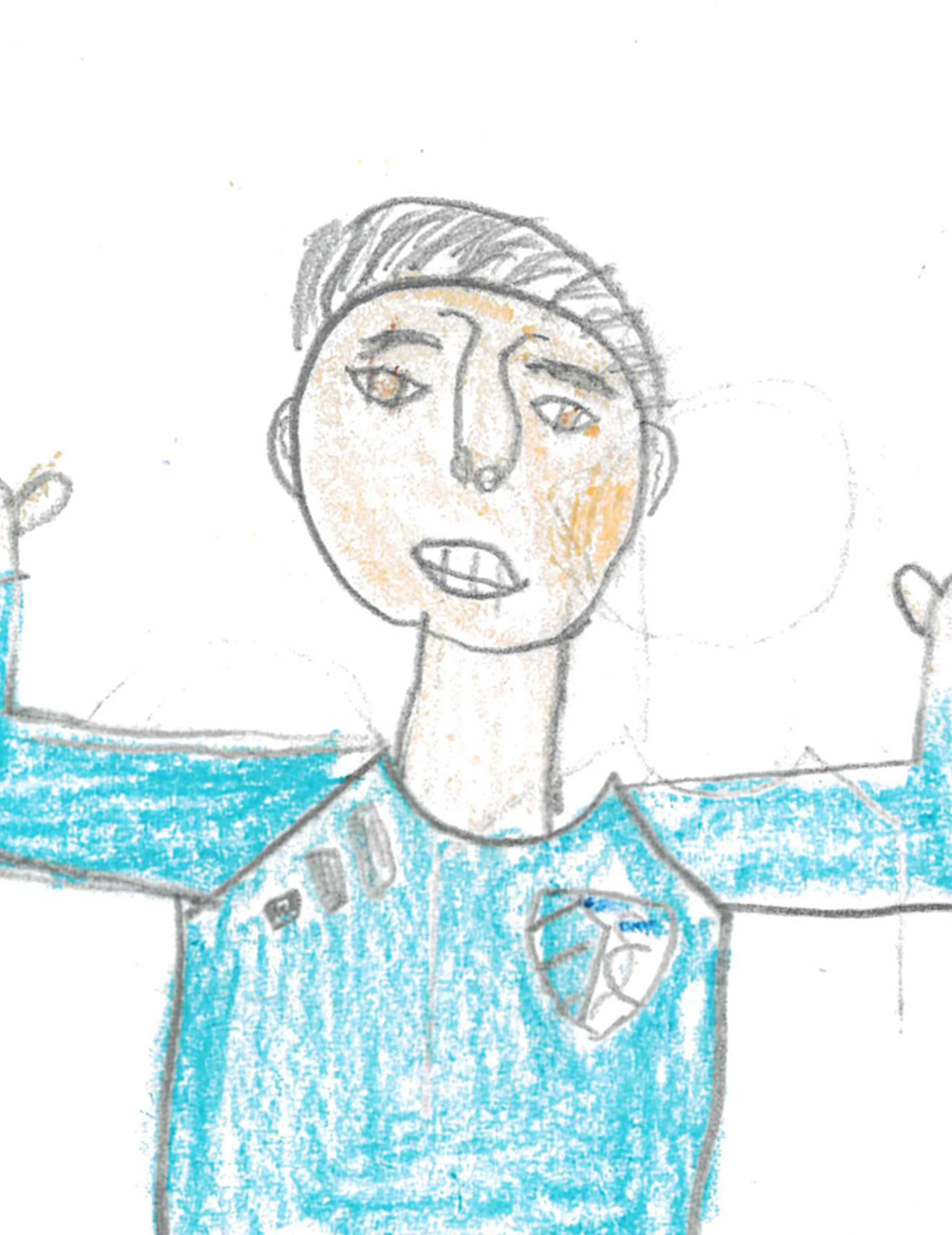 Drawn picture of a person with short hair, wearing a blue soccer jersey with a shield logo on the chest, with arms outstretched.