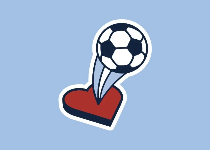 A sticker of a soccer ball hitting a red heart, with motion lines indicating impact, on a light blue background.